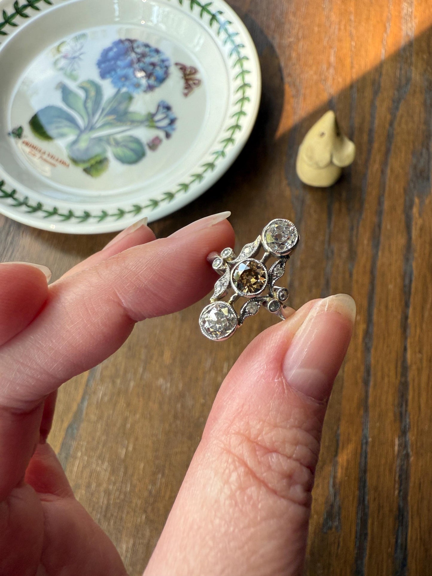 ORNATE Belle Epoque Antique Champagne Fancy Light Brown & White Three Stone Old Mine Cut Diamond Platinum Navette Ring Oval Victorian French