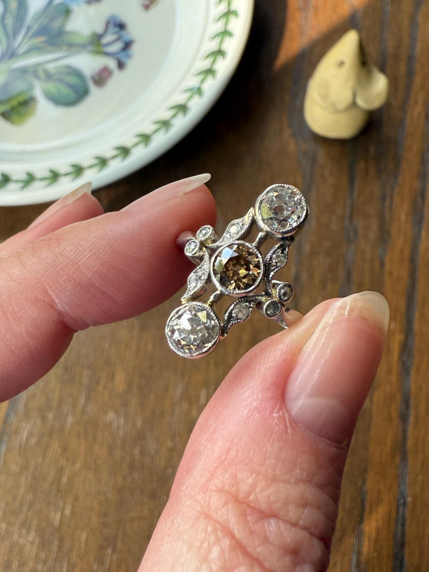 ORNATE Belle Epoque Antique 1.6 Carat Tdw Champagne Fancy Light Brown & White Three Stone Old Mine Cut Diamond Platinum Navette Ring Oval Victorian French