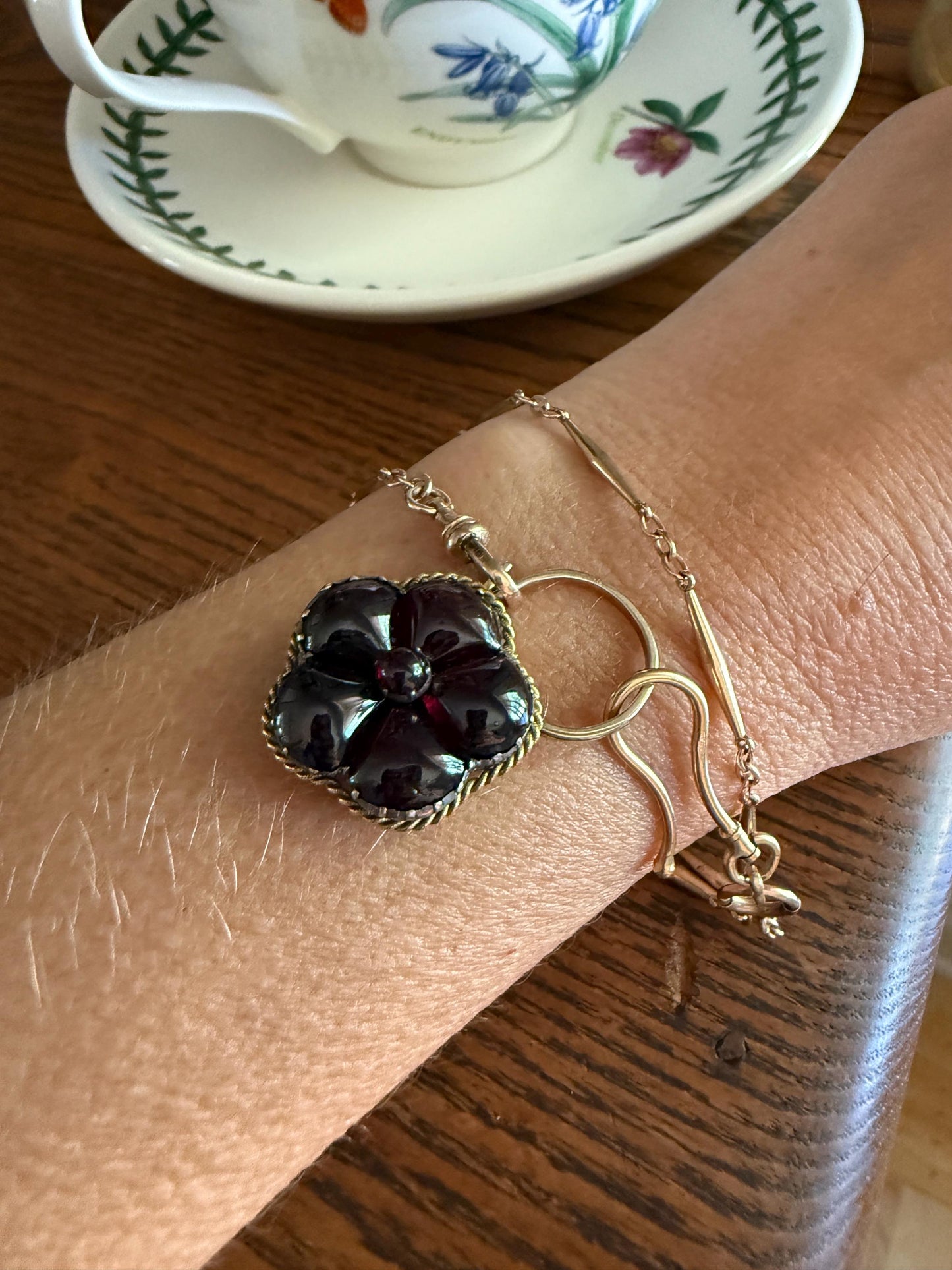 PANSY Floral PADLOCK Victorian Antique Juicy GARNET 14k Gold Solid Pendant Figural Romantic Gift Love Reversible Bracelet Necklace Clasp
