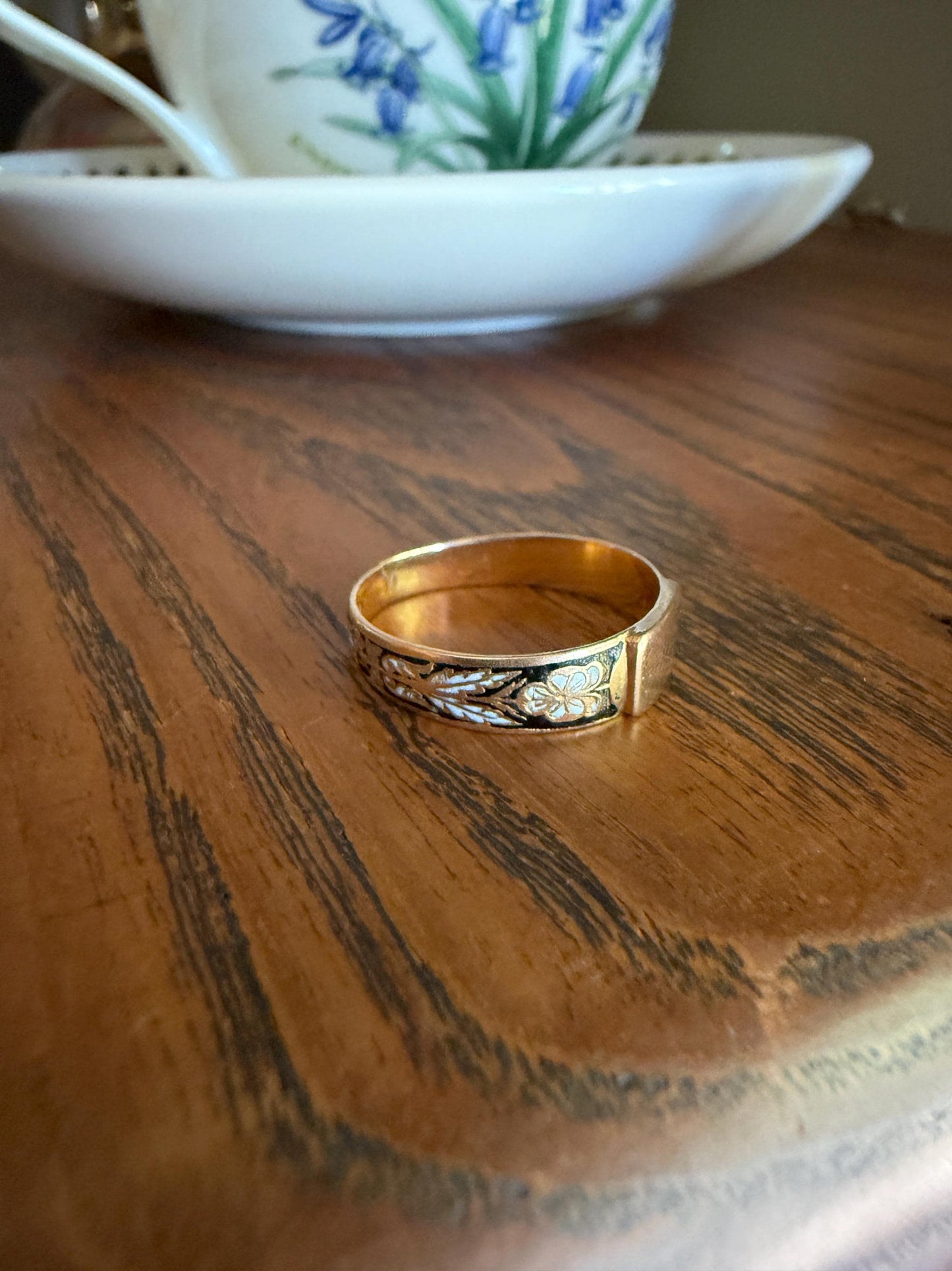 PANSY Antique FRENCH Regional Black Enamel 18k Gold Blank Signet Wedding Band Ring Floral Think of Me Stacker Romantic Gift Traditional