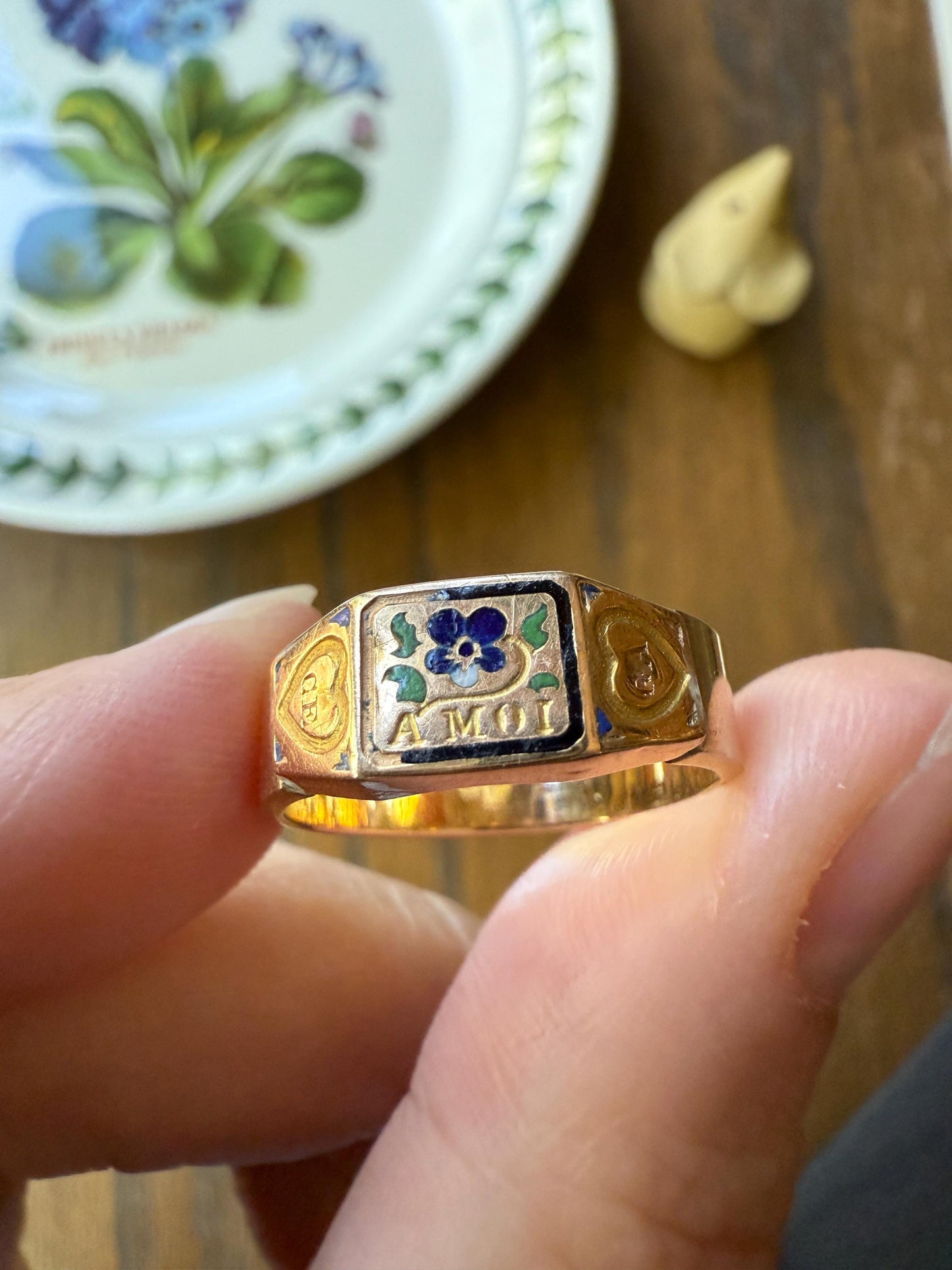 PANSY "Pensée a Moi" Think of Me Blue Green Enamel Heart Ring French 18k Gold 10k Cigar Wide Band Shank Floral Figural Stacker Romantic Gift