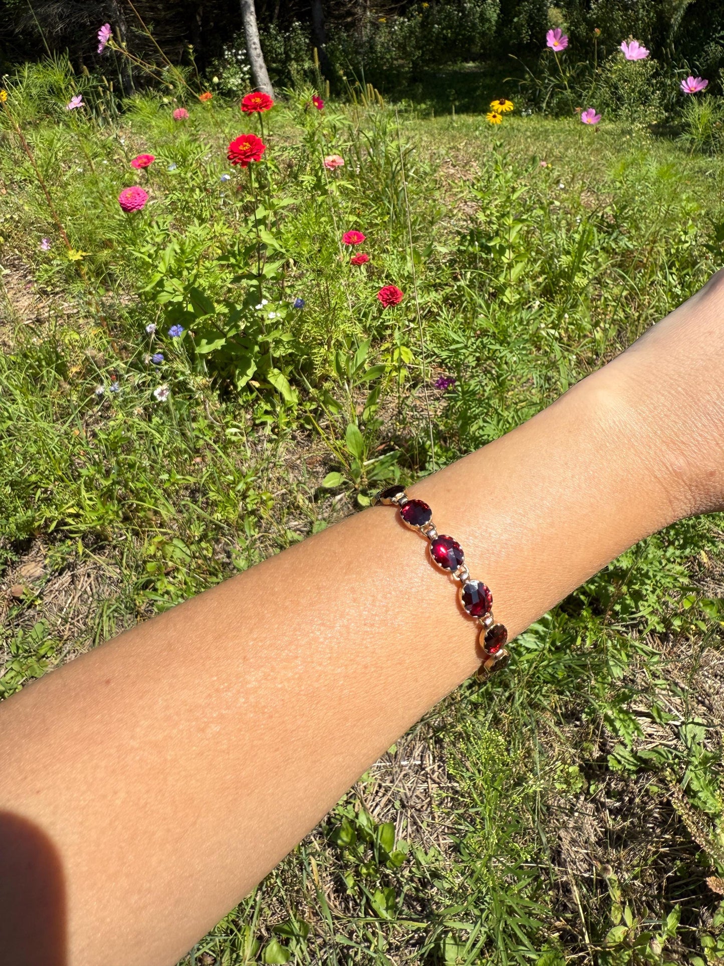 Antique French Perpignan GARNET Oval Riviere Eternity Tennis Bracelet 18k Gold Bezel Set Rose Cut Closed Back Almandine Glowing Raspberry
