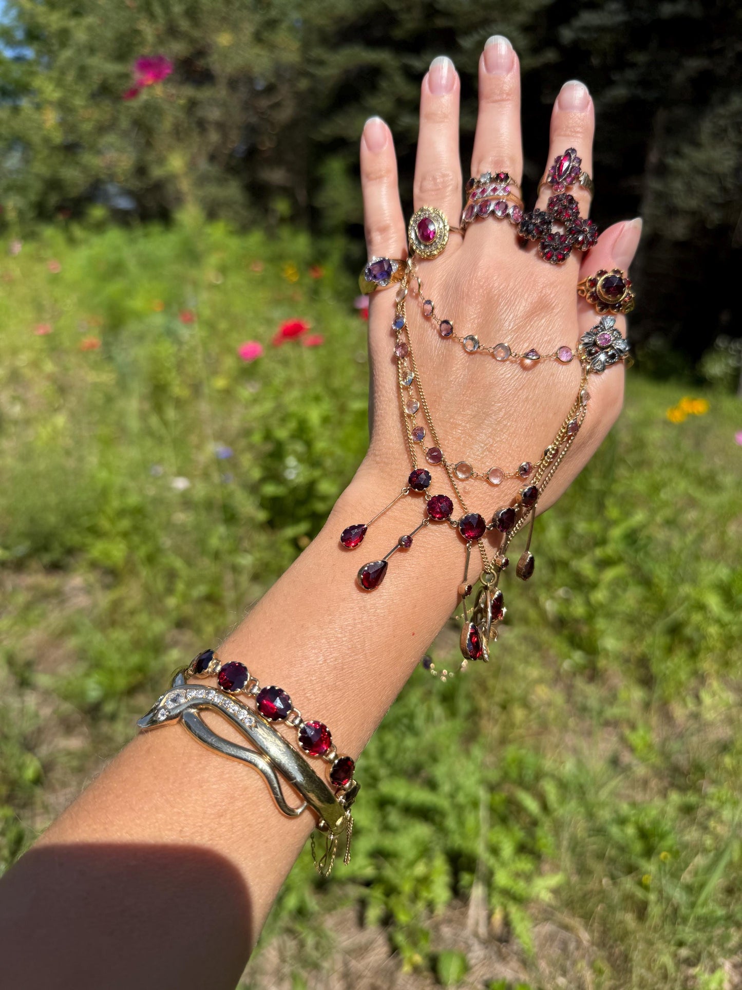Antique French Perpignan GARNET Oval Riviere Eternity Tennis Bracelet 18k Gold Bezel Set Rose Cut Closed Back Almandine Glowing Raspberry