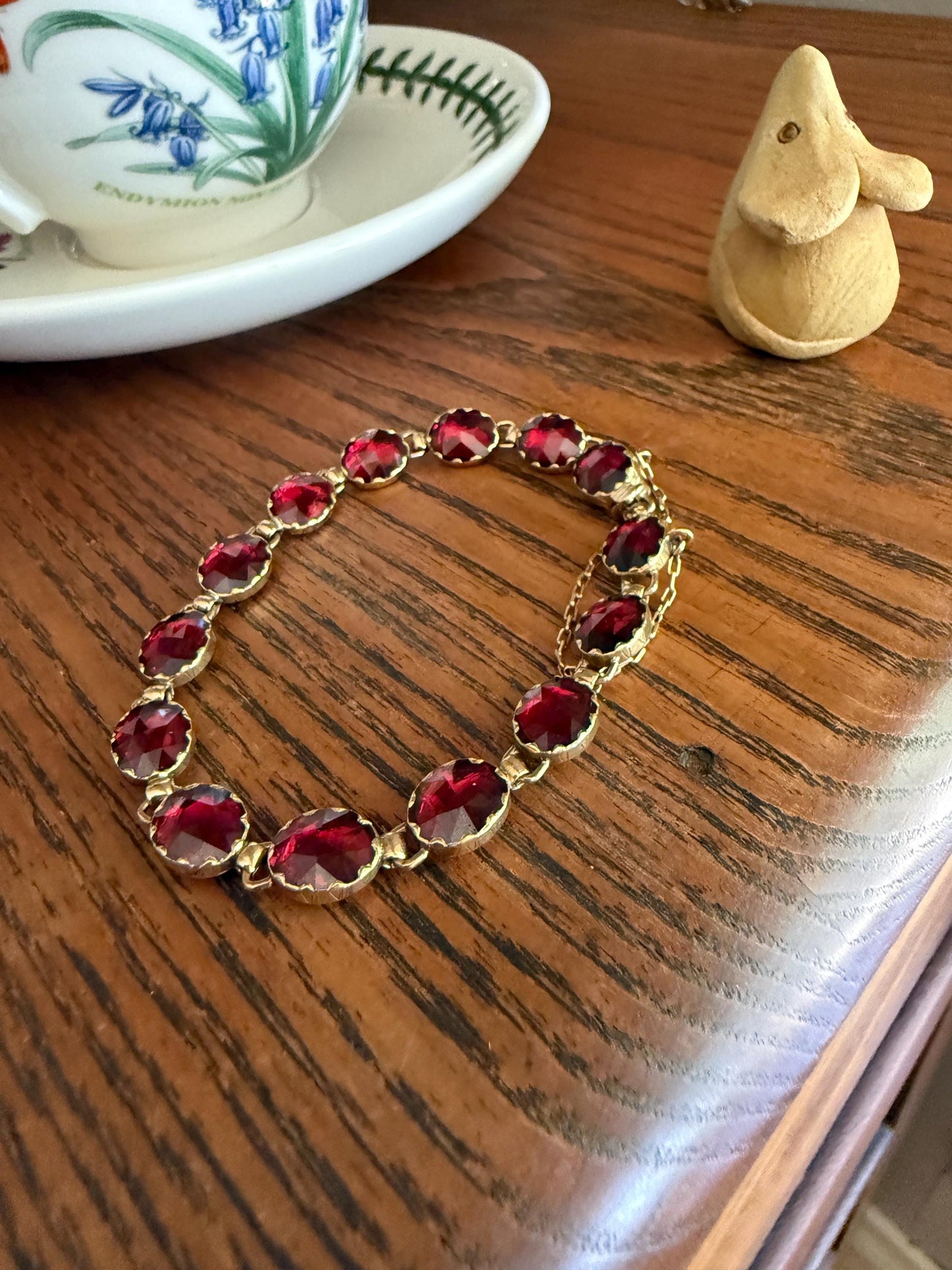 Antique French Perpignan GARNET Oval Riviere Eternity Tennis Bracelet 18k Gold Bezel Set Rose Cut Closed Back Almandine Glowing Raspberry