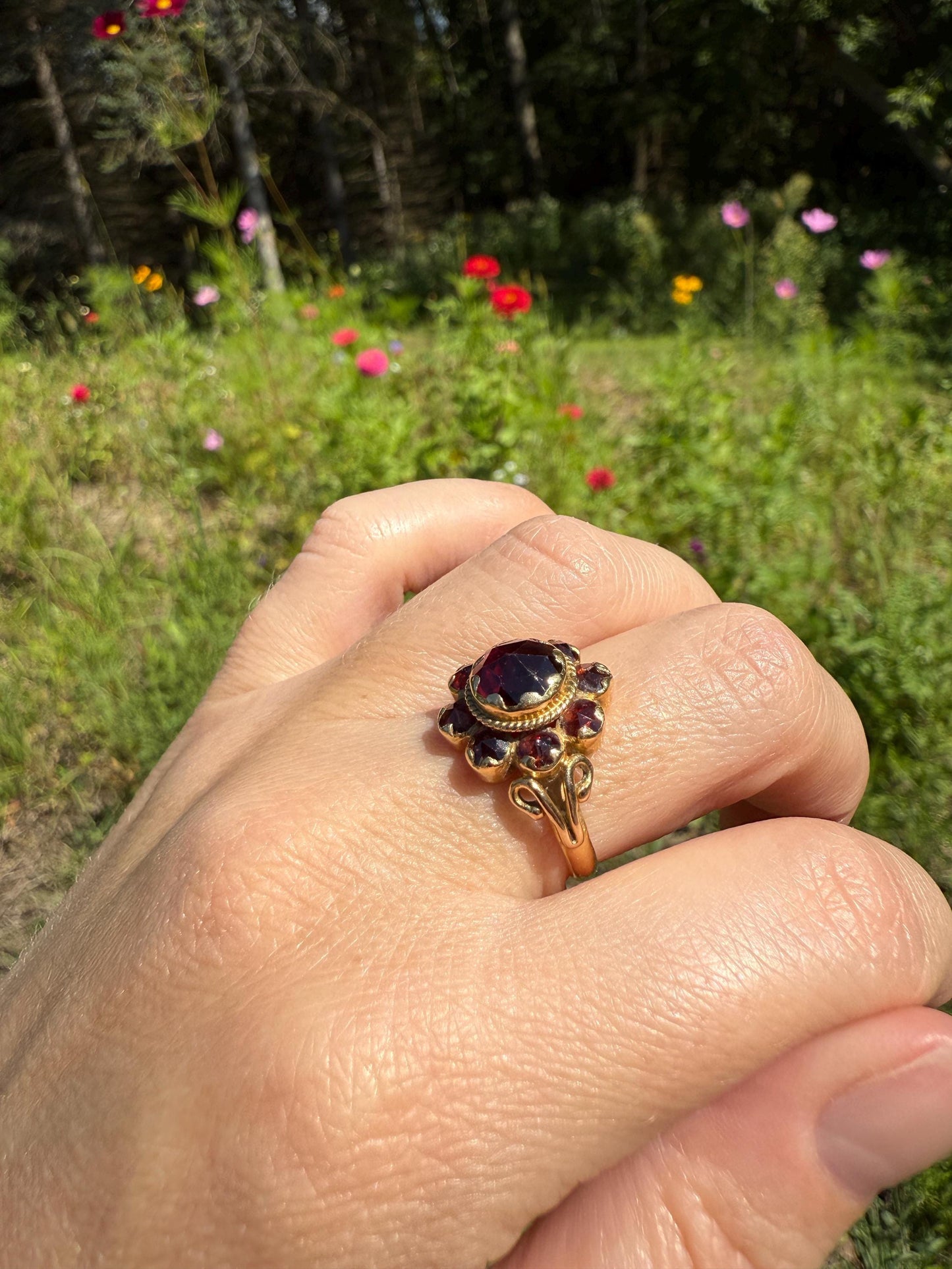 Cluster Vintage Perpignan GARNET Bauble Ring Ornate tacker Crimson Glowing Red Tiered Romantic Gift Victorian Antique Style