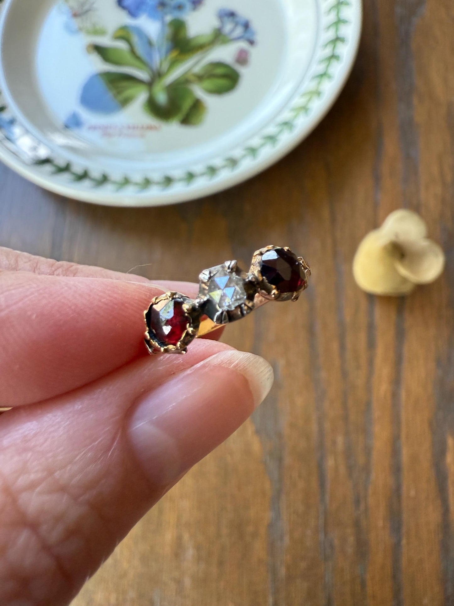 Georgian Era ANTIQUE Rose Cut Diamond & Red GARNET Three Stone RING 18k Gold Skinny Band Stacker Crimson Glow