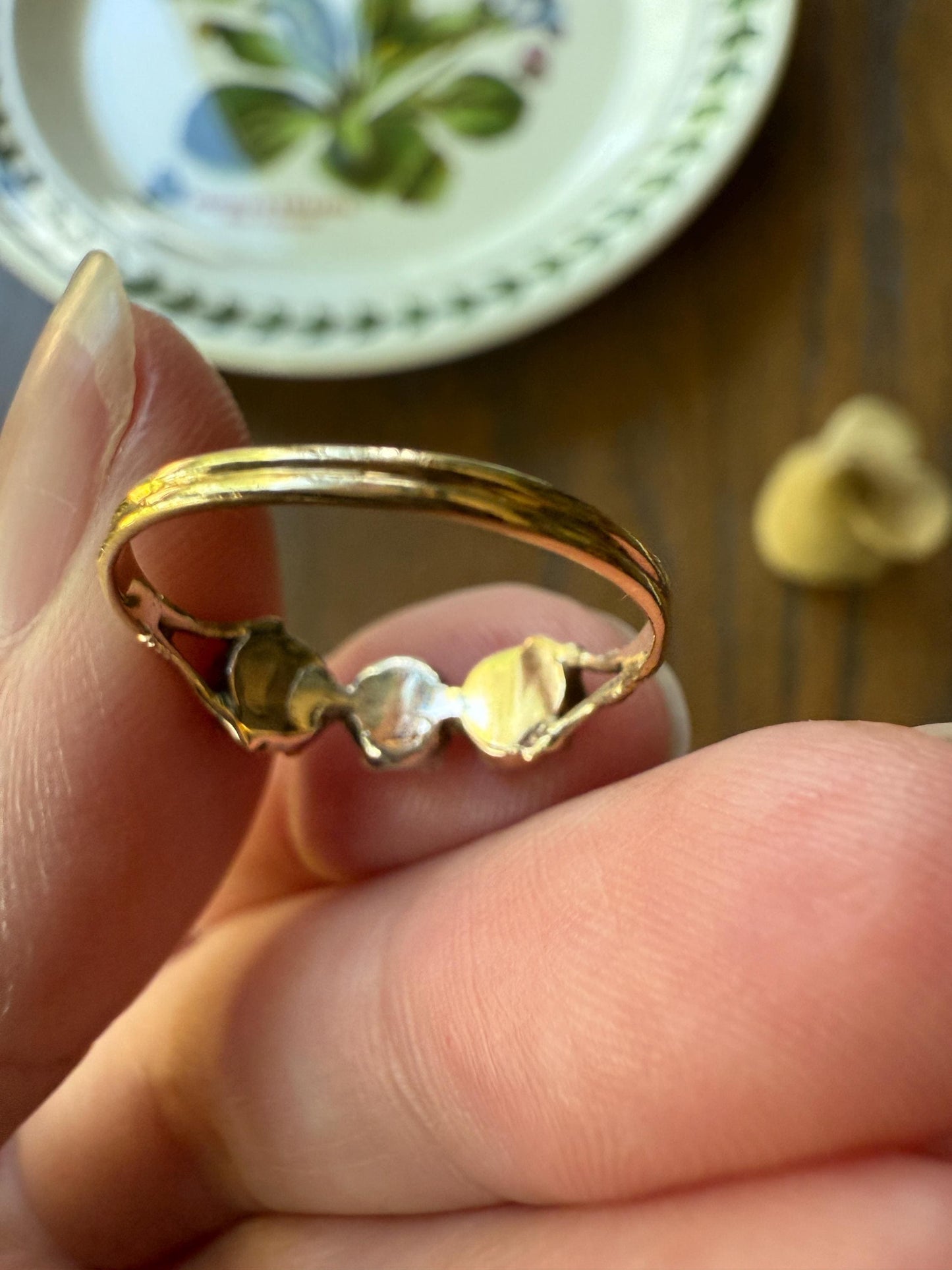 Georgian Era ANTIQUE Rose Cut Diamond & Red GARNET Three Stone RING 18k Gold Skinny Band Stacker Crimson Glow