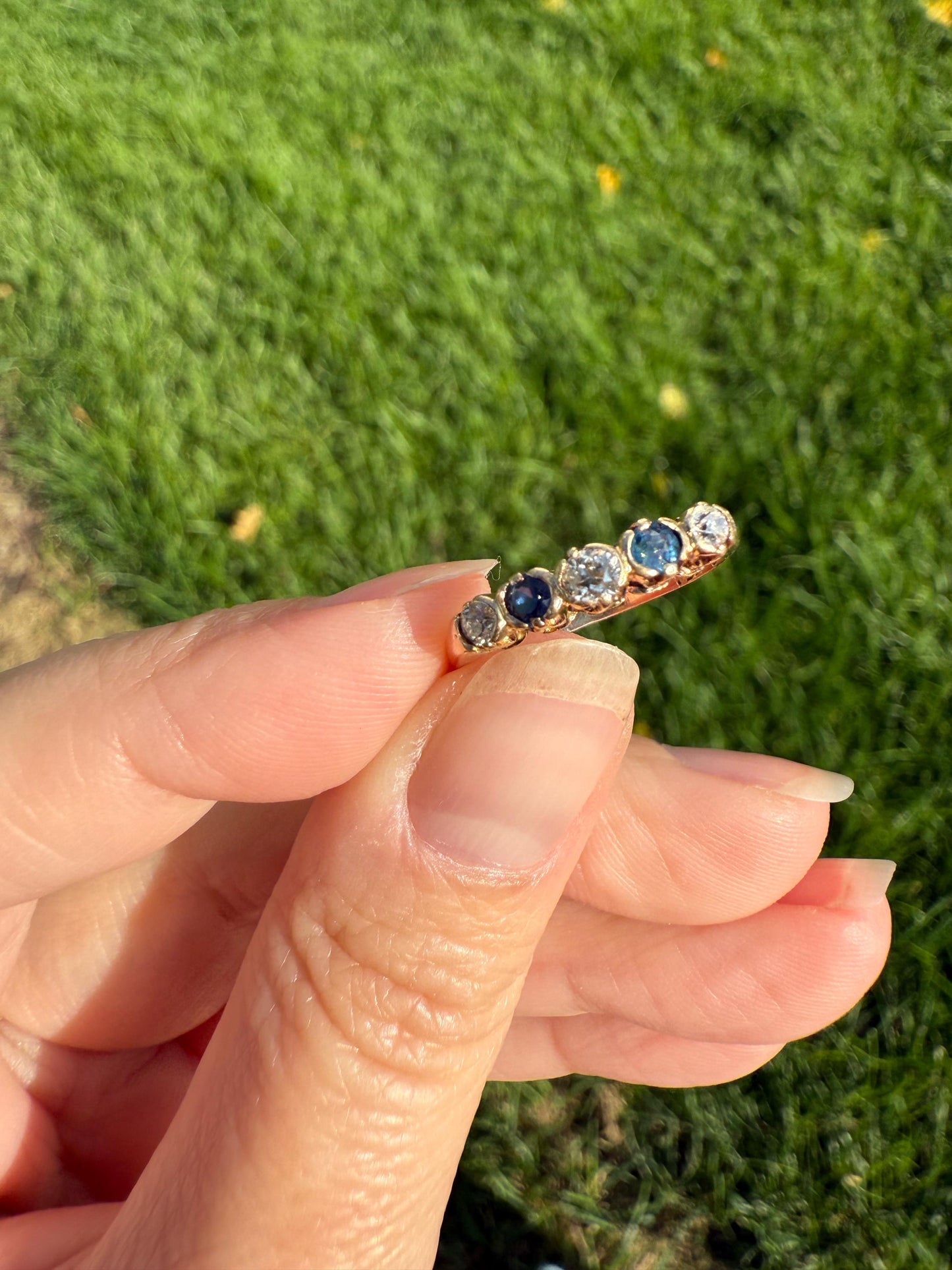 Antique SAPPHIRE Old Mine Cut DIAMOND Natural Blue 14k Gold Five Stone Ring Skinny Band Romantic Gift Stacker Linear Sparkly Victorian OMC