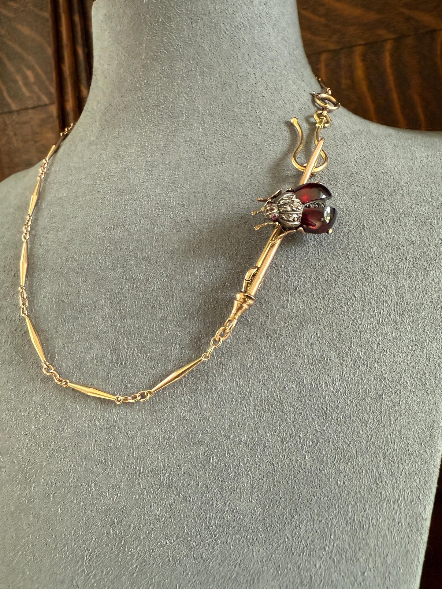 Ladybug BUG Beetle GARNET Wing Rose Cut Diamond French Antique Victorian Figural Pin Brooch for Pendant 18k Gold Gift Red Scarab Connector