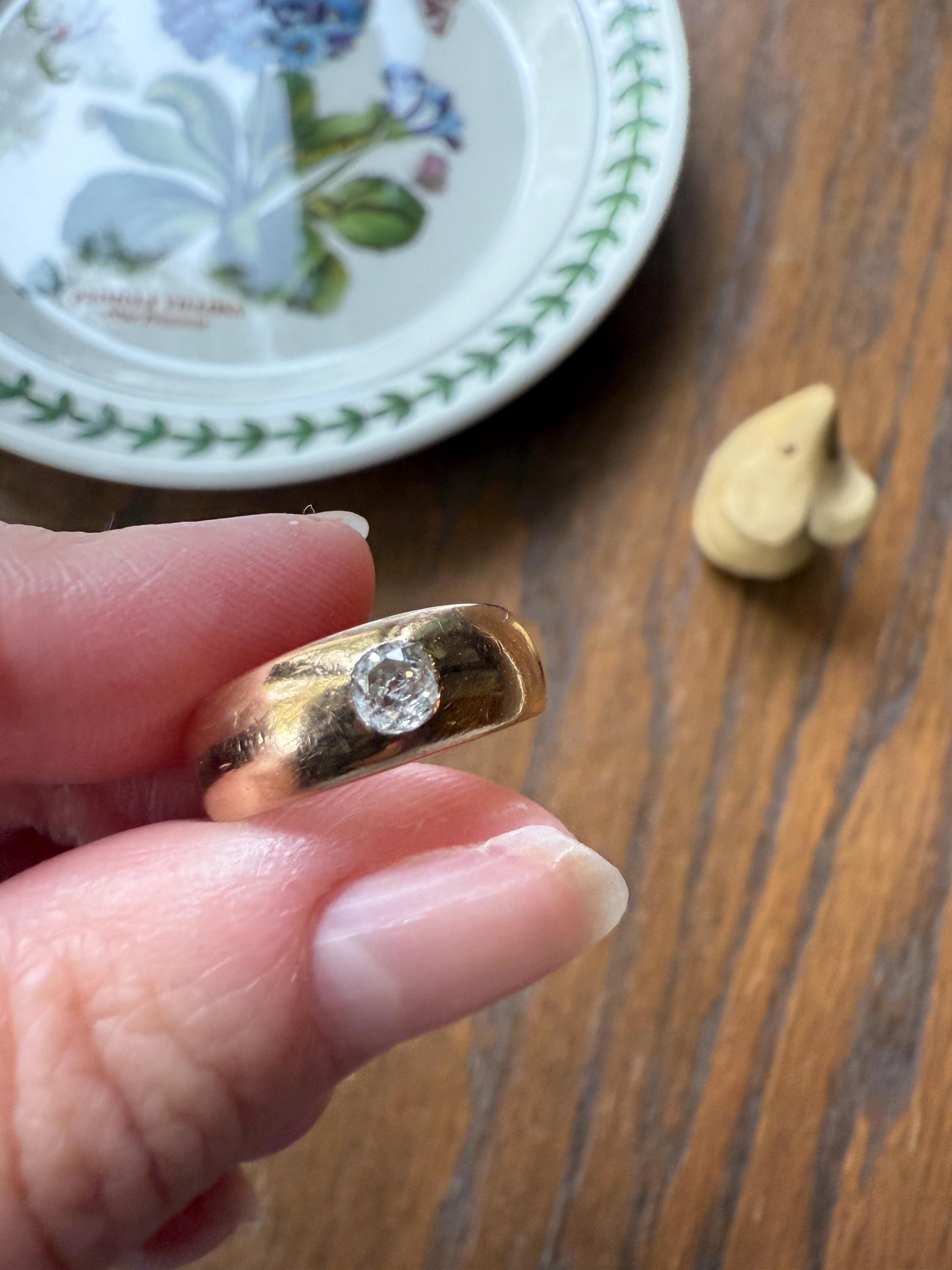 French Antique .3 Carat Old Mine Cut Diamond Gypsy Ring 18k GOLD Domed Band Solitaire Stacker Art Deco Romantic Gift Unisex Man Lady