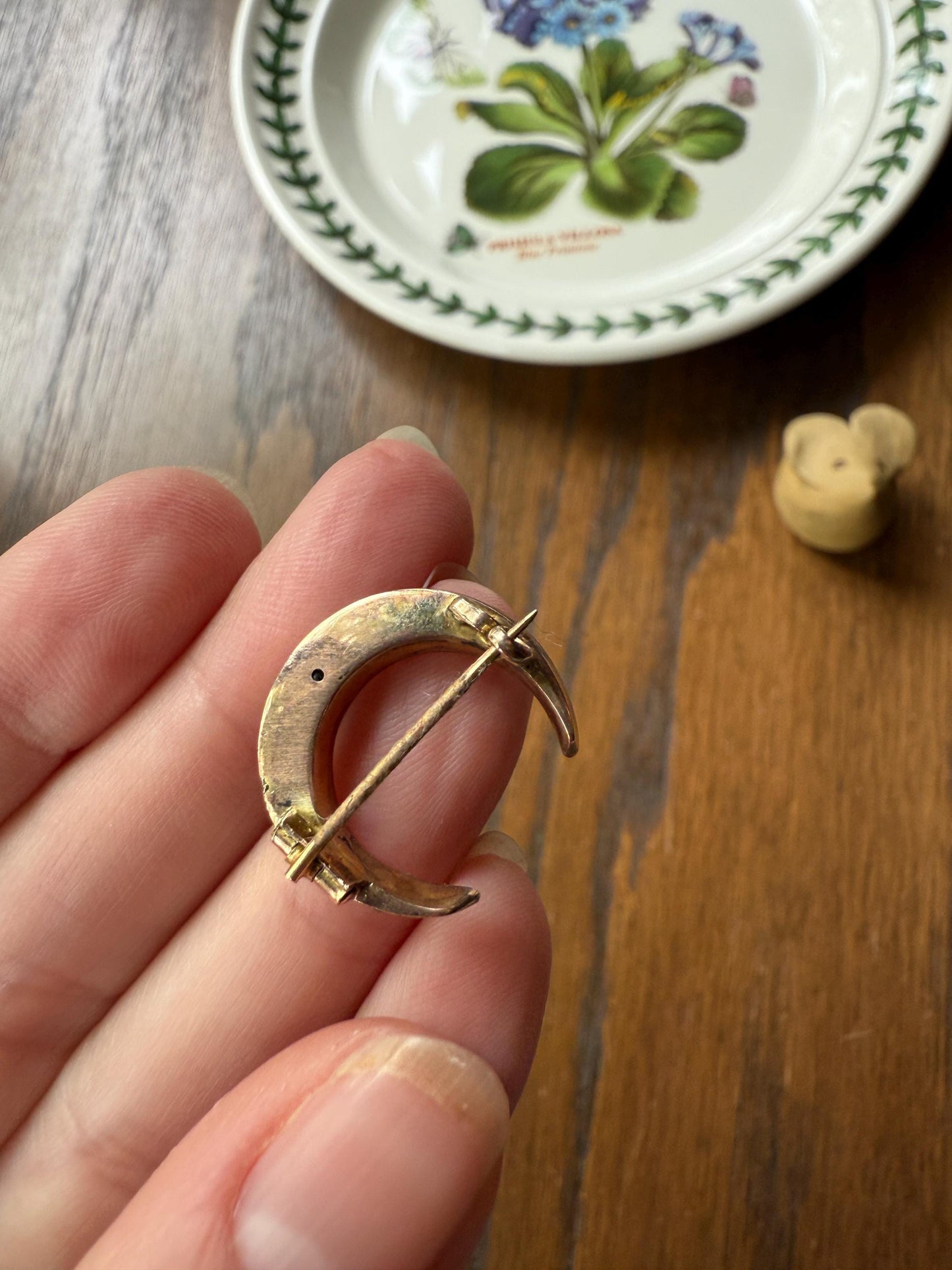 Chunky MOON Antique Iridescent Gray Seed Pearl 14k GOLD VICTORIAN Figural Brooch Extender Connector Pin Pendant Conversion Celestial Gift