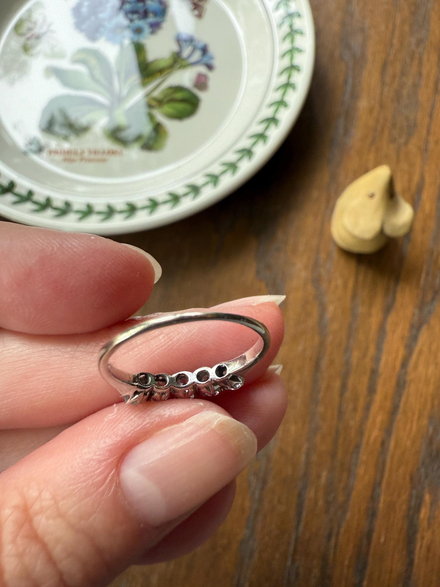 Antique Five Stone Old Mine Cut Diamond 18k White Gold Platinum Tall Skinny Band Romantic Gift Wedding Stacker Ringstack OMC