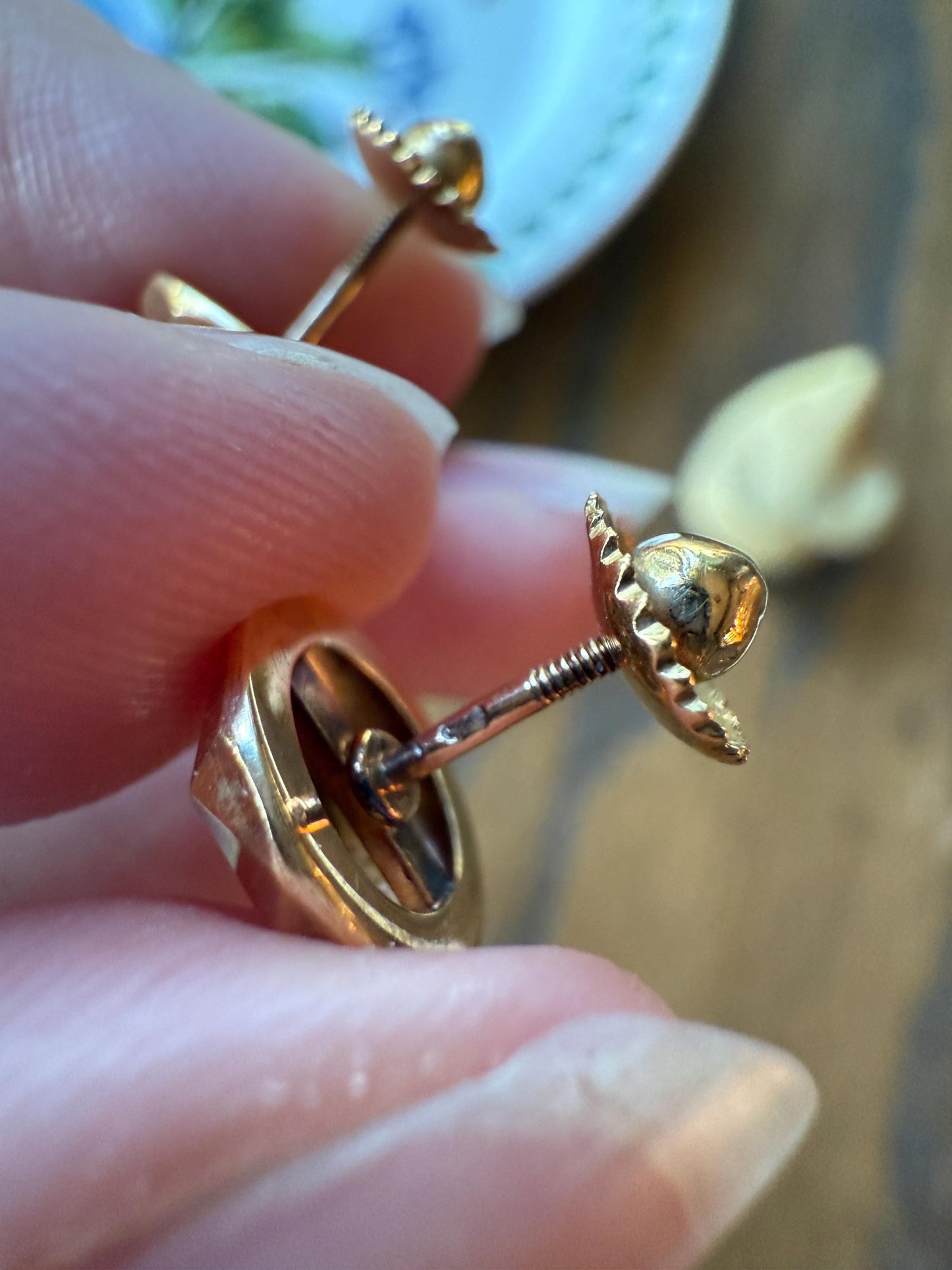 French Vintage - Antique Gold Faceted Bead 3D Button Studs Vintage 18k GOLD Solid EARRINGS Earstack Geodesic Dome Shimmer Stud Minimalist