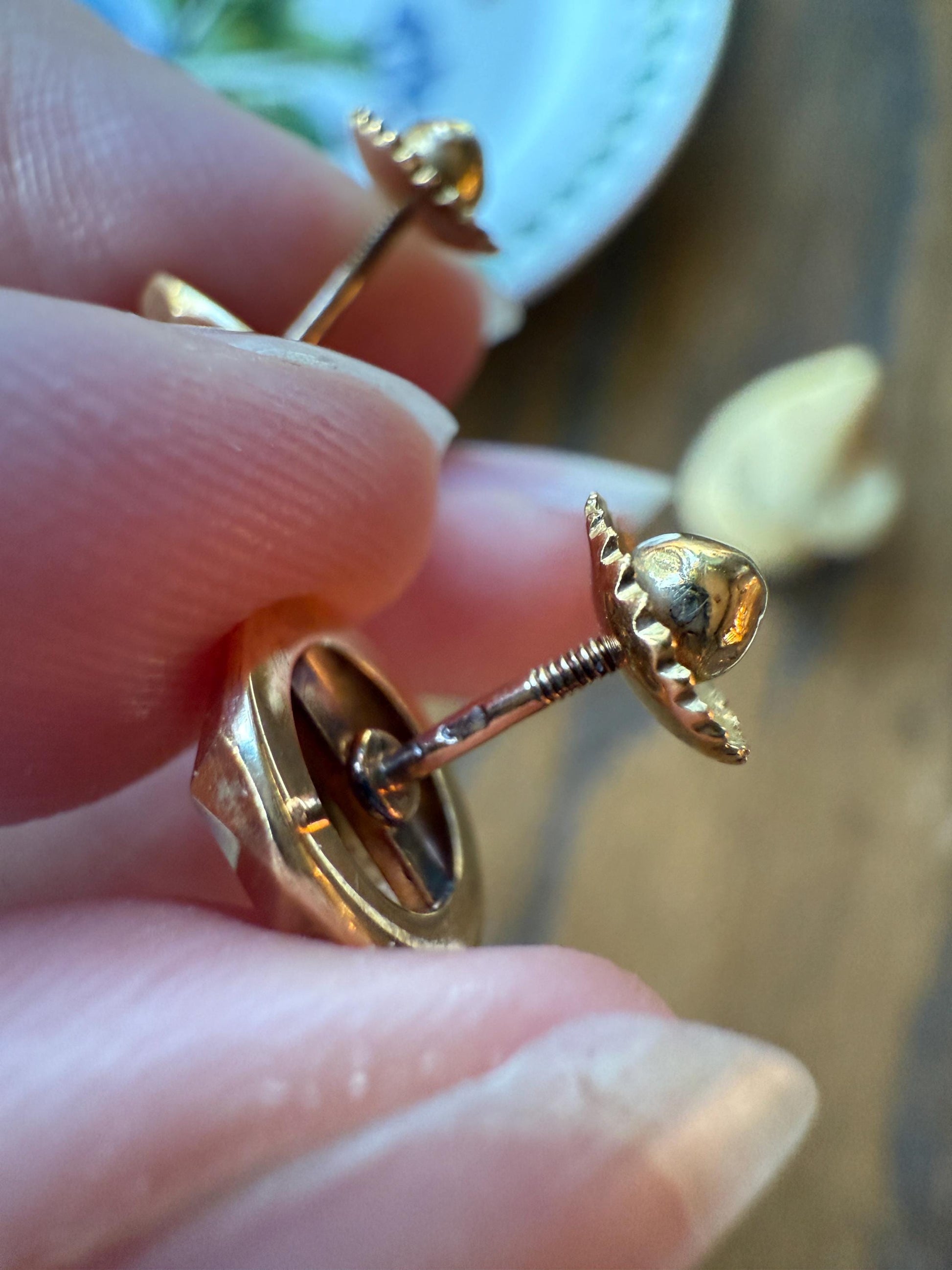 French Vintage - Antique Gold Faceted Bead 3D Button Studs Vintage 18k GOLD Solid EARRINGS Earstack Geodesic Dome Shimmer Stud Minimalist
