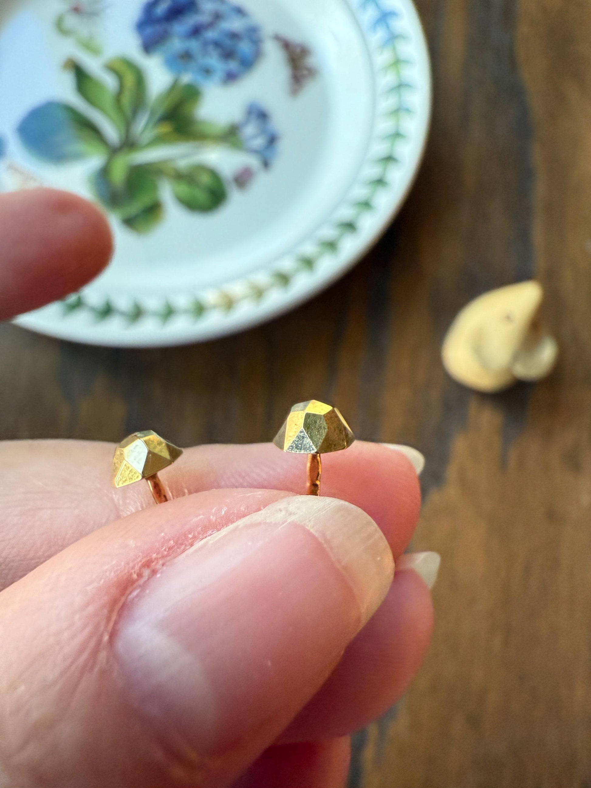 French Vintage - Antique Gold Faceted Bead 3D Button Studs Vintage 18k GOLD Solid EARRINGS Earstack Geodesic Dome Shimmer Stud Minimalist 2