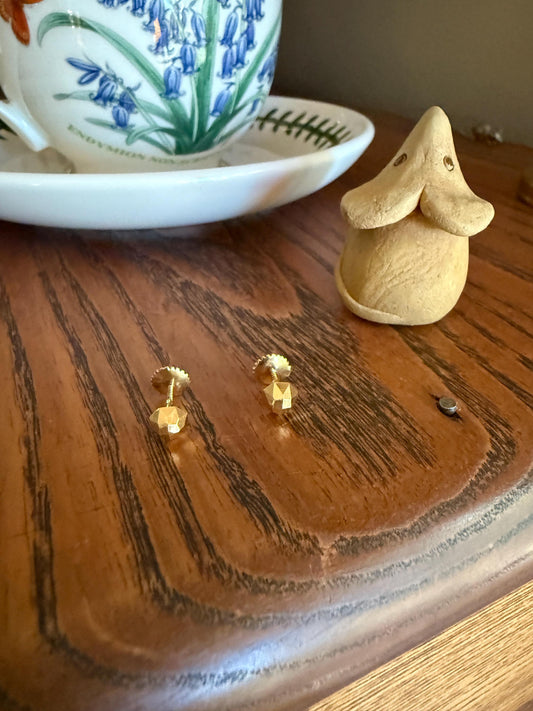 French Vintage - Antique Gold Faceted Bead 3D Button Studs Vintage 18k GOLD Solid EARRINGS Earstack Geodesic Dome Shimmer Stud Minimalist 2