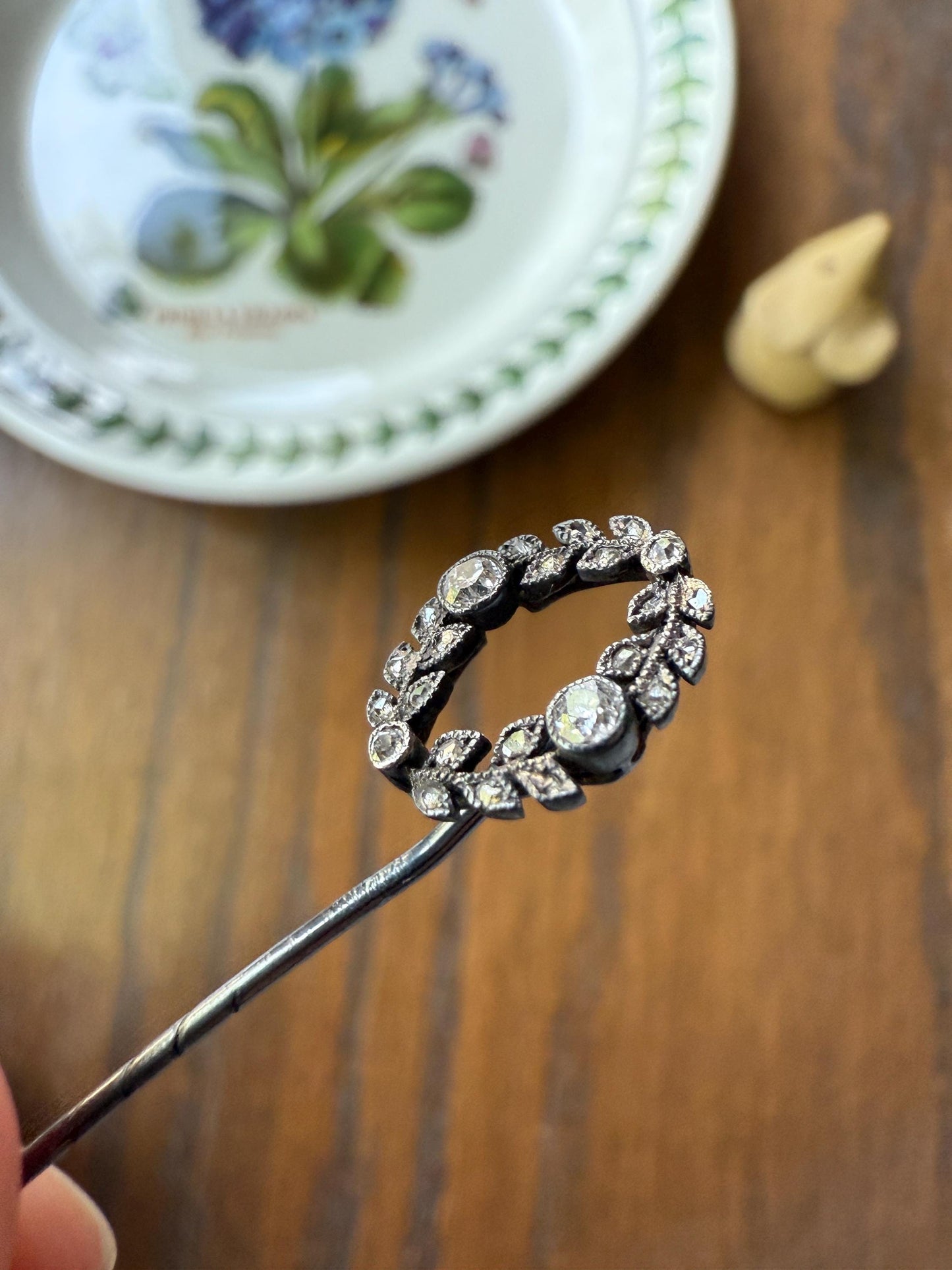 GARLAND Figural Old Mine Rose Cut DIAMOND Antique Stick Pin c1920for Ring Pendant Bracelet Conversion 18k White Gold Silver Edwardian Deco