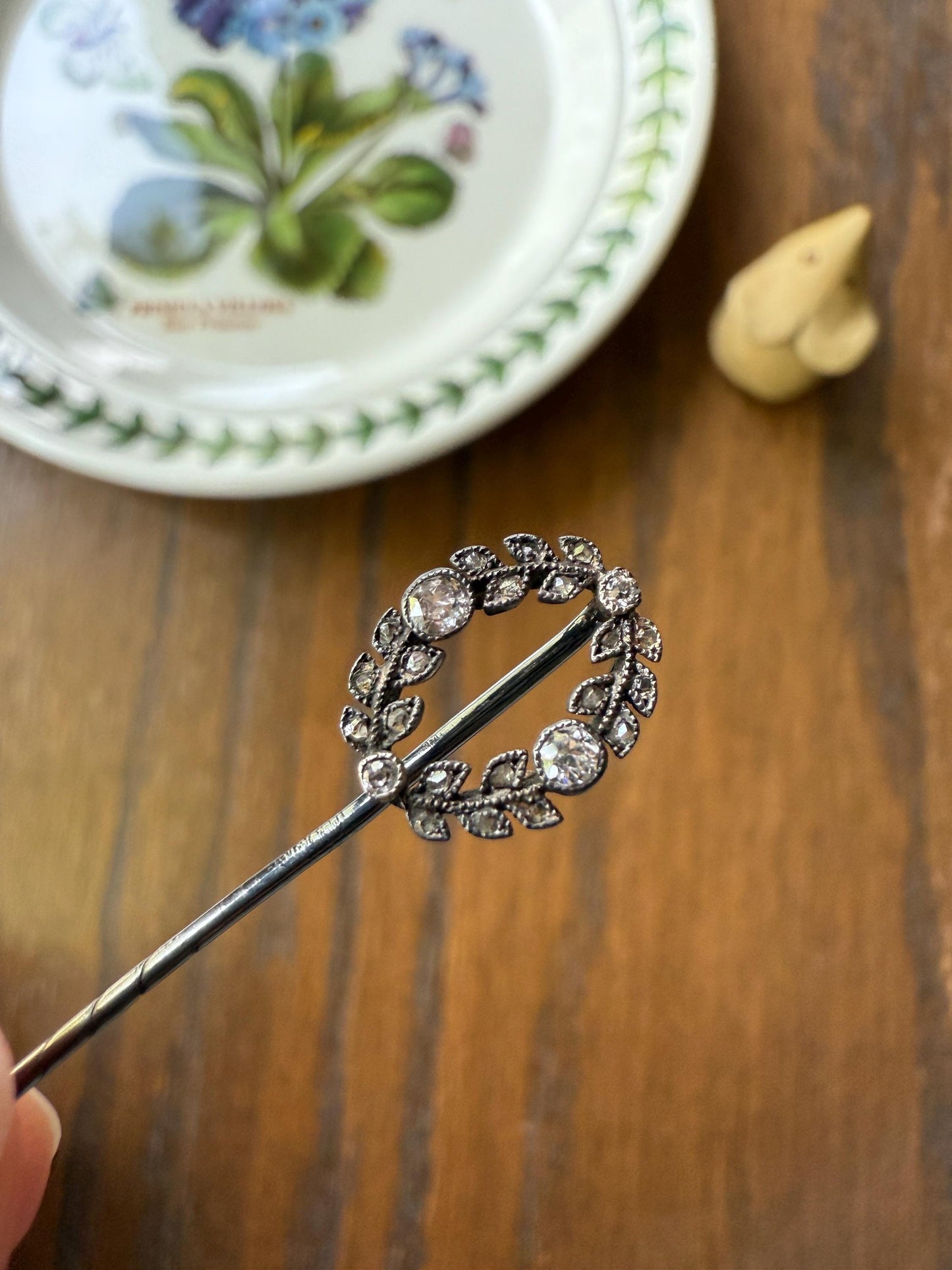 GARLAND Figural Old Mine Rose Cut DIAMOND Antique Stick Pin c1920for Ring Pendant Bracelet Conversion 18k White Gold Silver Edwardian Deco