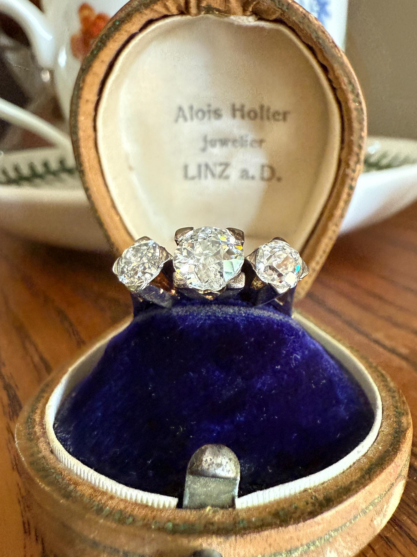 TALL Antique 2 CARATS Three Stone Chunky Old Mine Cut Diamond Ring 18k White Gold Art Deco