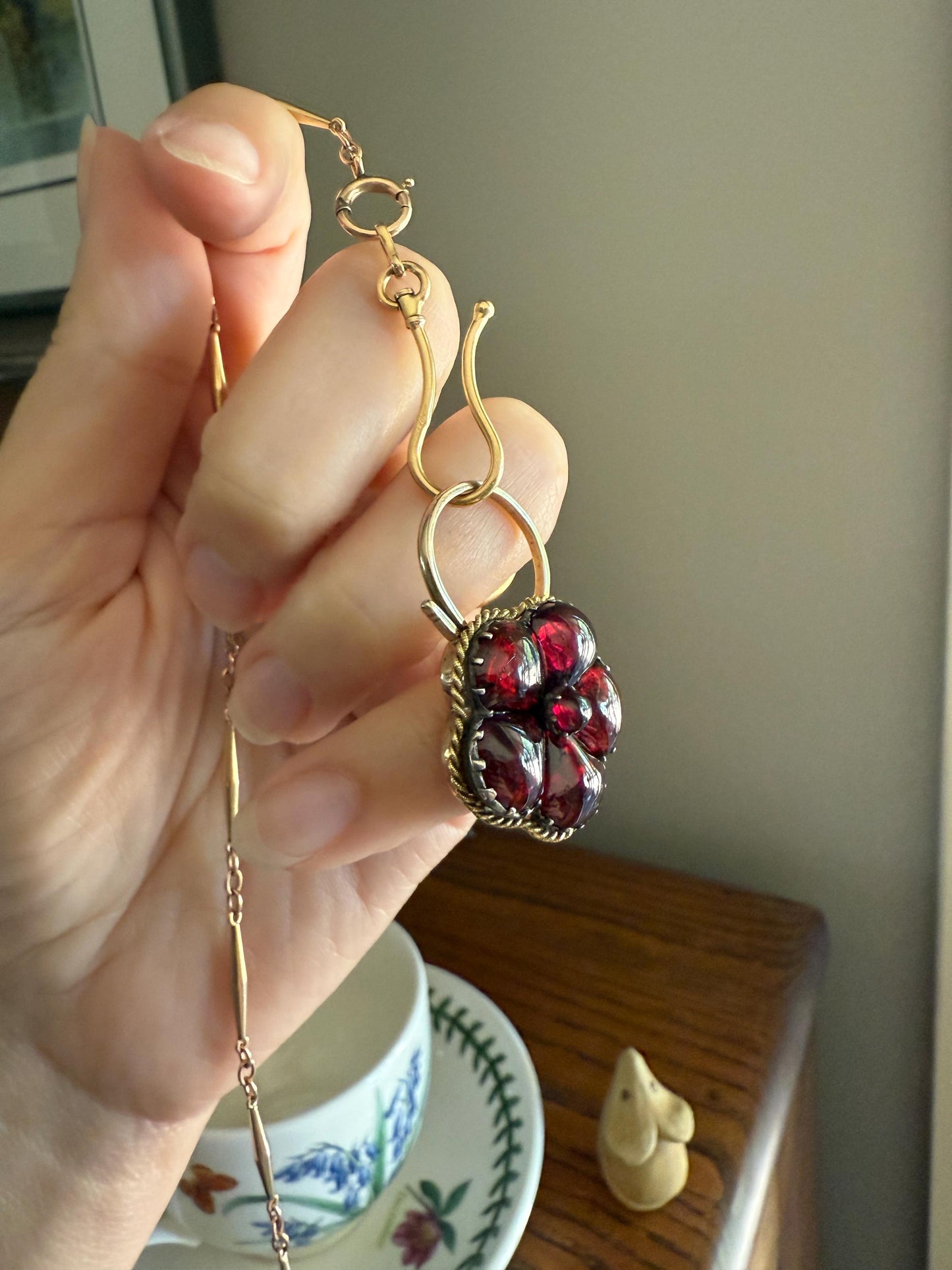 PANSY Floral PADLOCK Victorian Antique Juicy GARNET 14k Gold Solid Pendant Figural Romantic Gift Love Reversible Bracelet Necklace Clasp