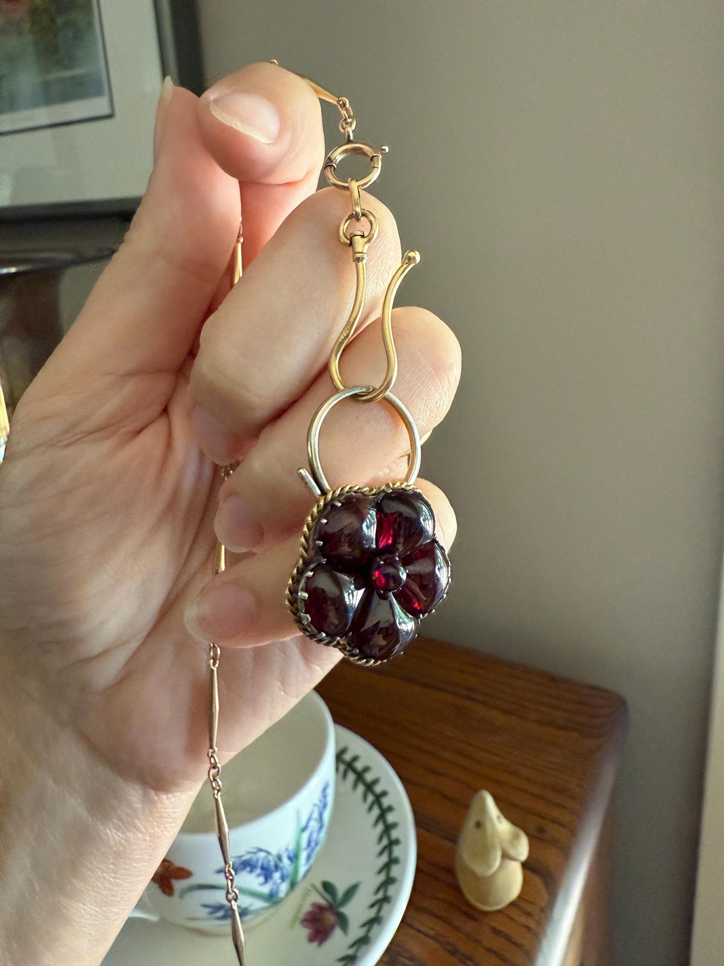 PANSY Floral PADLOCK Victorian Antique Juicy GARNET 14k Gold Solid Pendant Figural Romantic Gift Love Reversible Bracelet Necklace Clasp