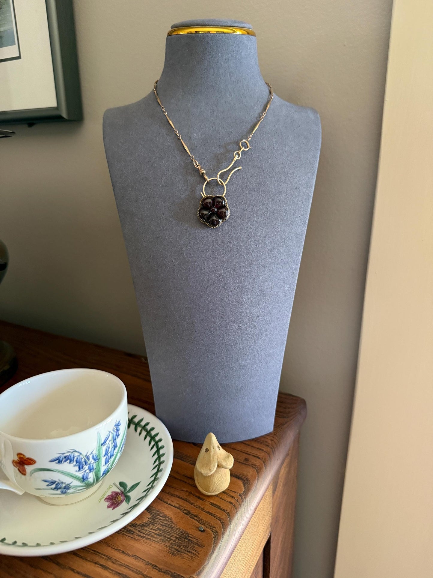 PANSY Floral PADLOCK Victorian Antique Juicy GARNET 14k Gold Solid Pendant Figural Romantic Gift Love Reversible Bracelet Necklace Clasp