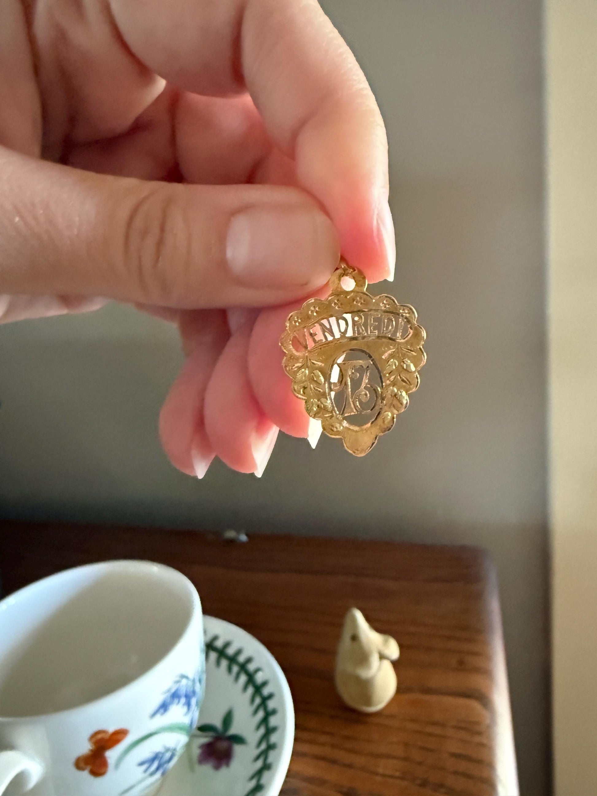 FRIDAY the Thirteenth 13th Antique French Love Medal Tricolor 18k Gold PENDANT Belle Epoque Charm Floral Lucky Gift Rose Green Figural
