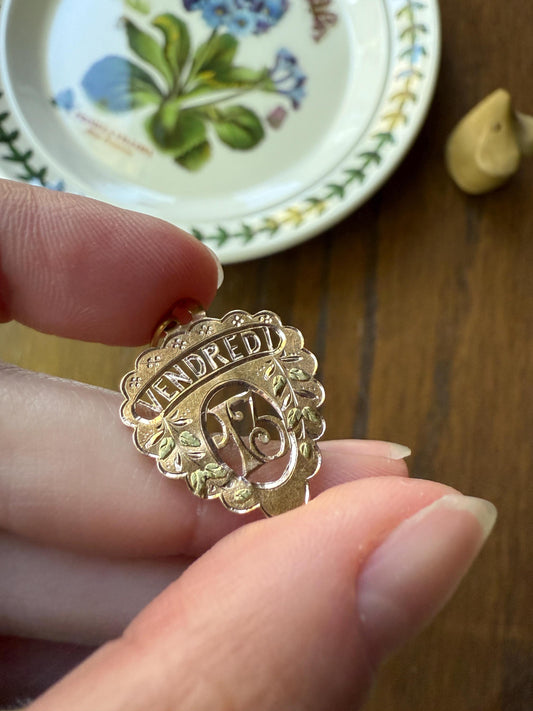FRIDAY the Thirteenth 13th Antique French Love Medal Tricolor 18k Gold PENDANT Belle Epoque Charm Floral Lucky Gift Rose Green Figural