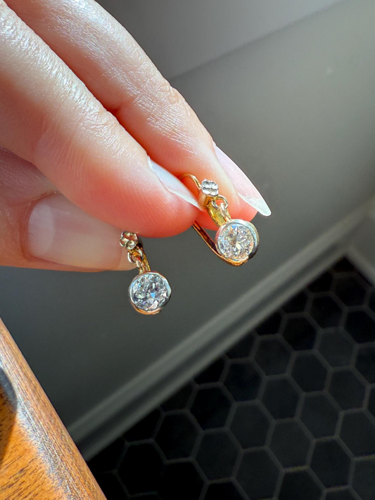 FRENCH Vintage 18k GOLD .75 Carat Tdw Transitional Cut Diamond Earrings Dangle Dormeuse Gift Belle Epoque Bridal Something Old Bezel Set