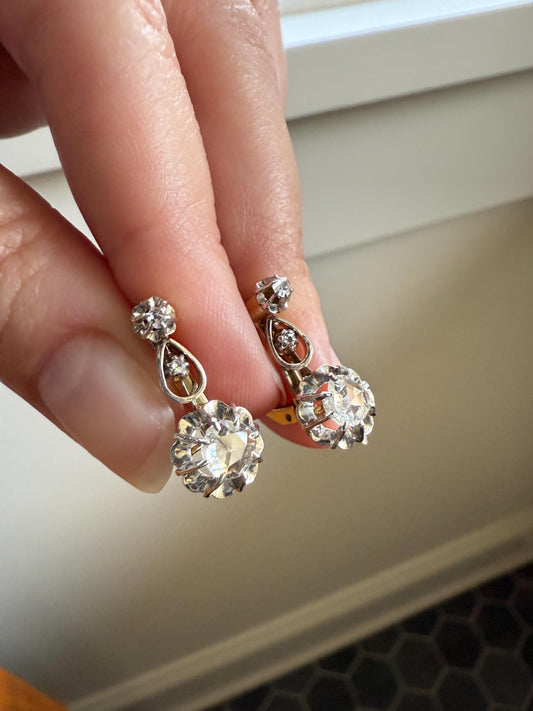 FRENCH Antique 18k GOLD Rose Cut Diamond Earrings Dangle Dormeuse Gift Belle Epoque Bridal Something Old Edwardian Teardrop Three Stone