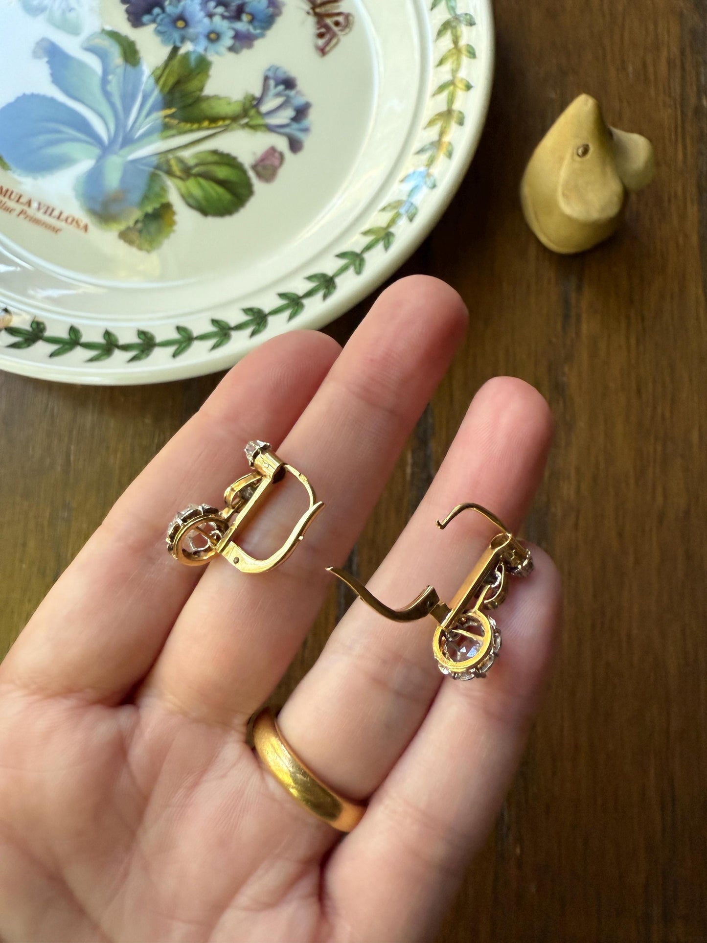 FRENCH Antique 18k GOLD Rose Cut Diamond Earrings Dangle Dormeuse Gift Belle Epoque Bridal Something Old Edwardian Teardrop Three Stone
