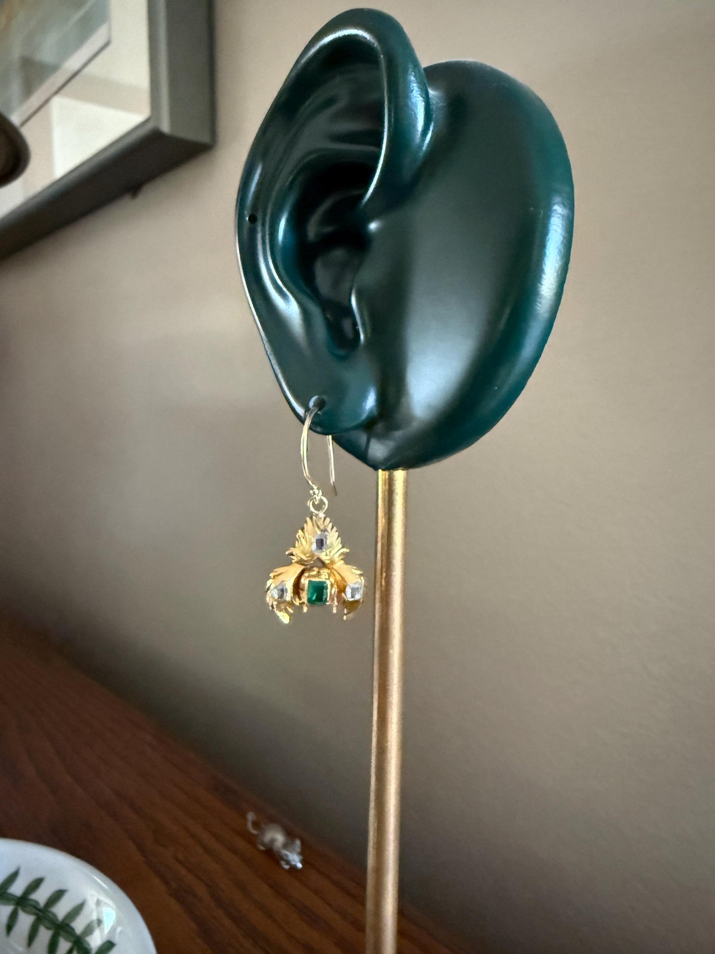 Antique EMERALD Table Cut DIAMOND Enamel Backed 18k Gold & 14k Dangle EARRINGS Georgian Renaissance Revival Green Unique Ooak One of a Kind