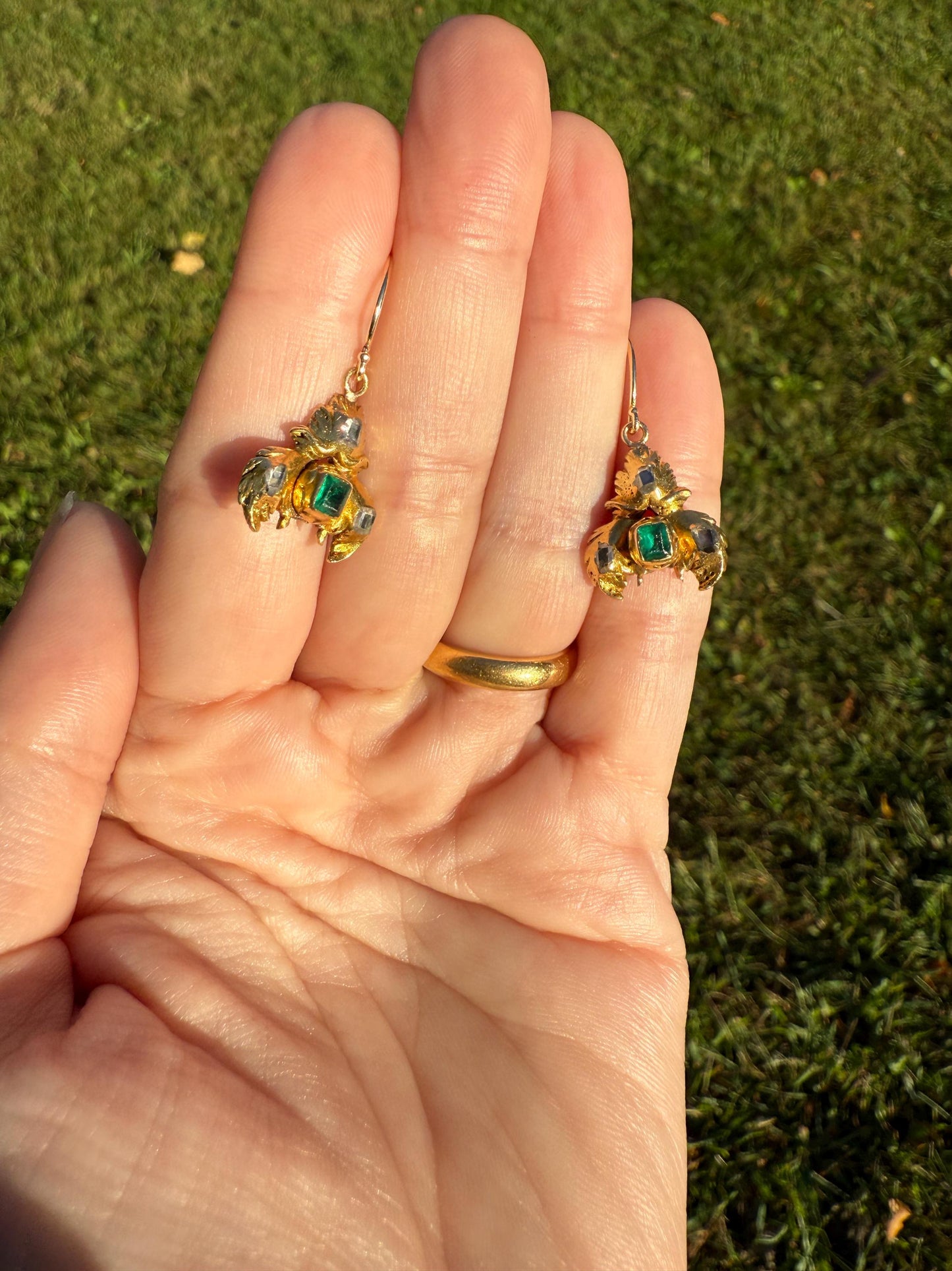 Antique EMERALD Table Cut DIAMOND Enamel Backed 18k Gold & 14k Dangle EARRINGS Georgian Renaissance Revival Green Unique Ooak One of a Kind
