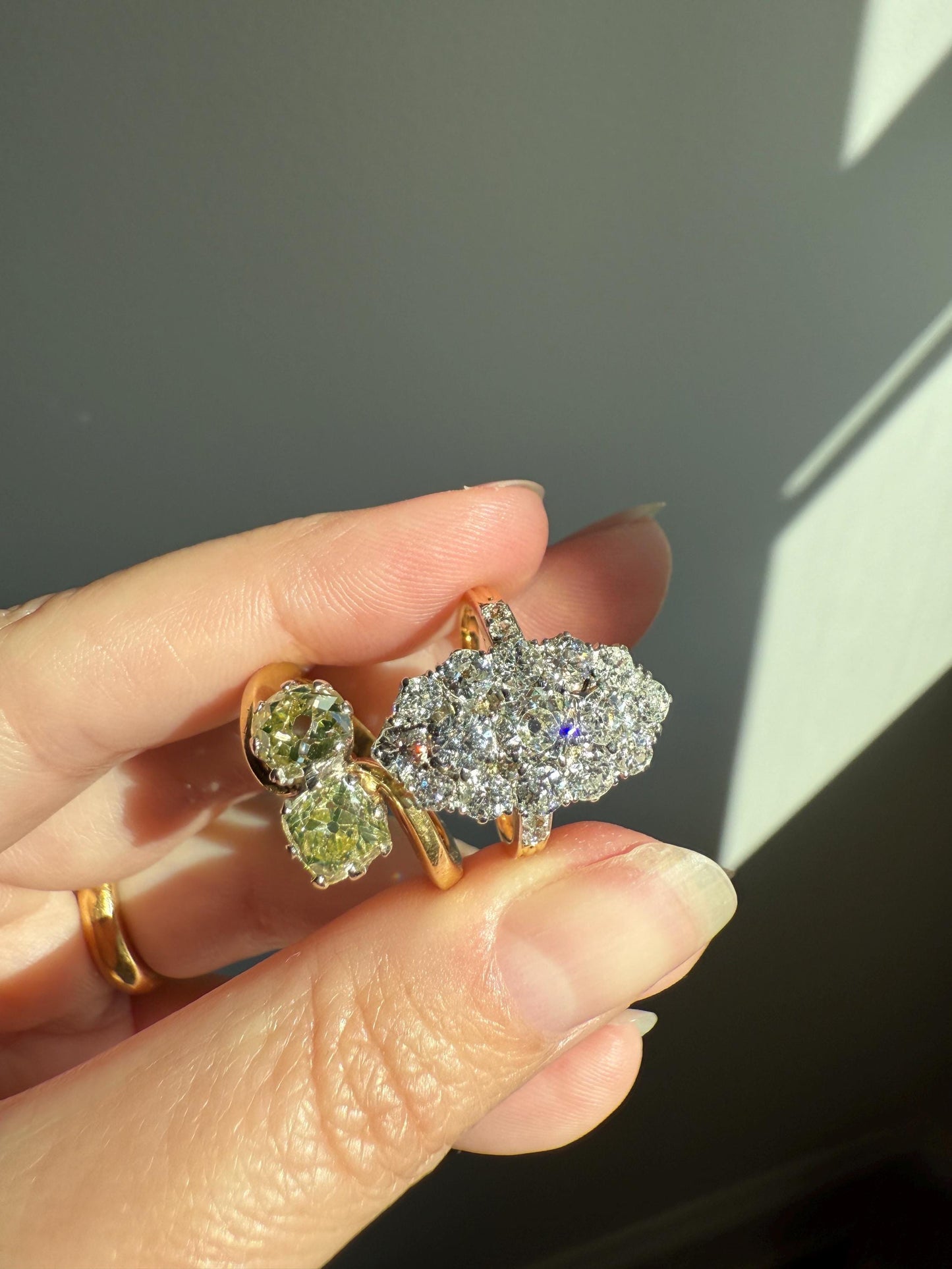 Antique Toi et Moi 2.1 CARAT Old Mine Cut DIAMOND Fancy Light Yellow Chunky 2 Stone Ring 18k Gold Angled Swirl Band Stacker c1901 Victorian