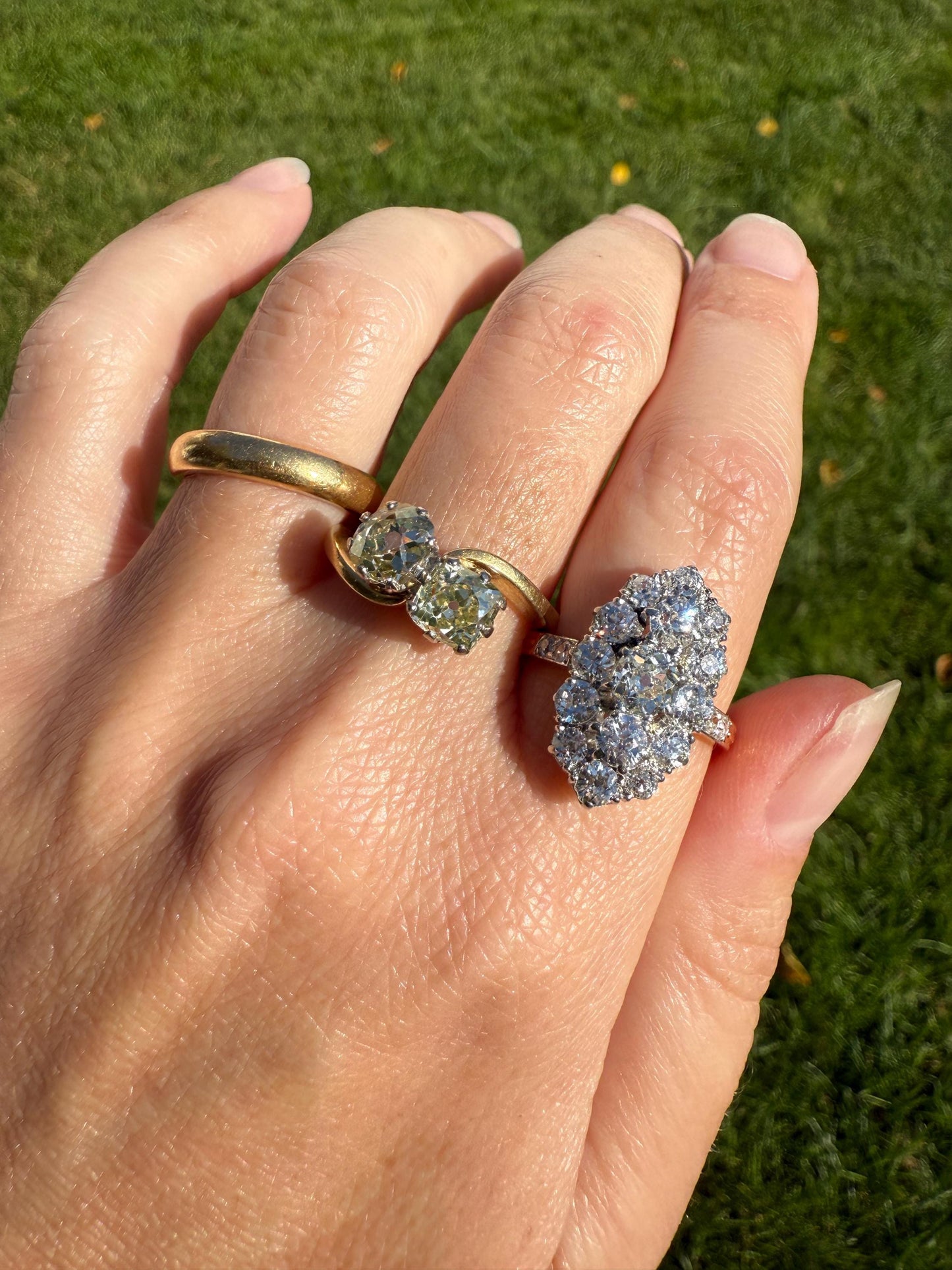 Antique Toi et Moi 2.1 CARAT Old Mine Cut DIAMOND Fancy Light Yellow Chunky 2 Stone Ring 18k Gold Angled Swirl Band Stacker c1901 Victorian
