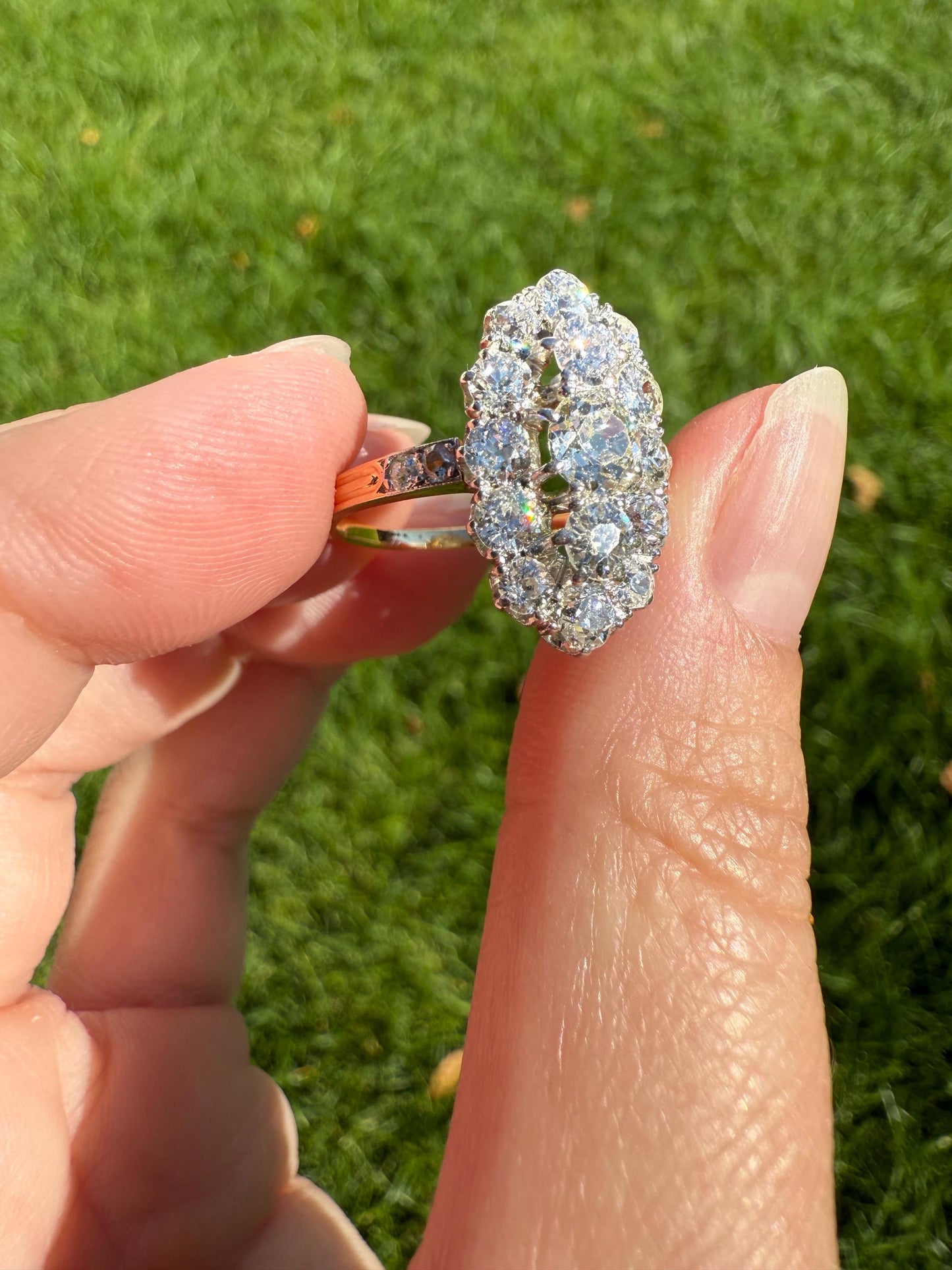 Antique 2.5 Carat Old Mine & European Cut DIAMOND Oval Navette Cluster Ring French 18k Gold Platinum Victorian Belle Epoque Ct OMC