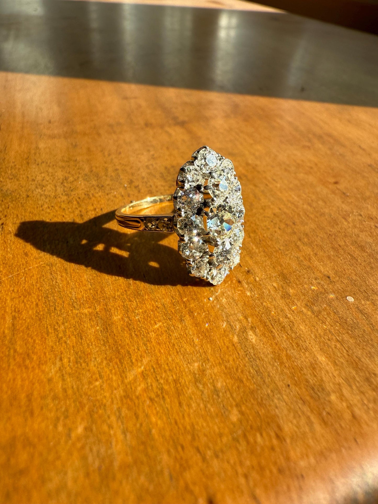 Antique 2.5 Carat Old Mine & European Cut DIAMOND Oval Navette Cluster Ring French 18k Gold Platinum Victorian Belle Epoque Ct OMC