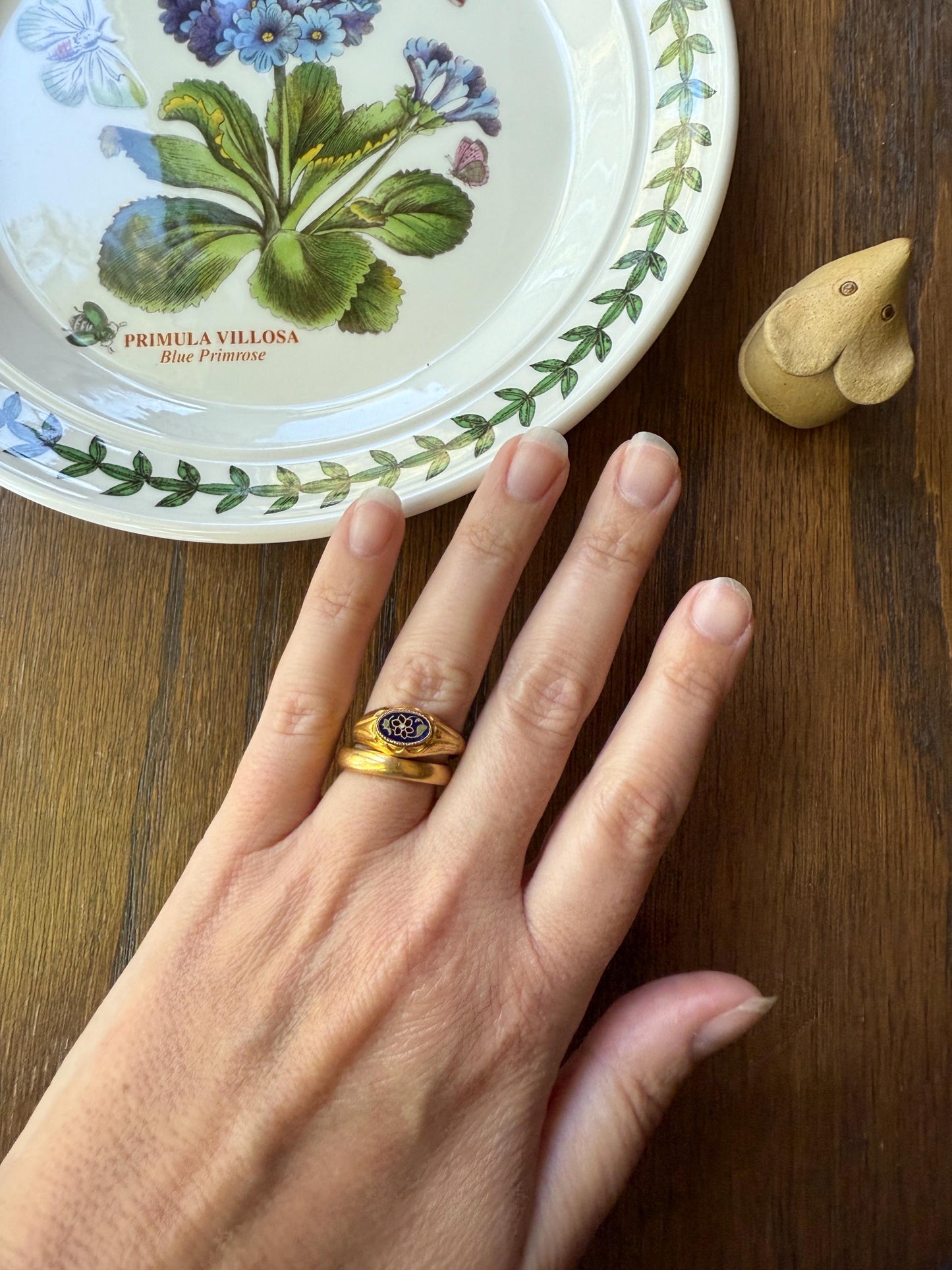 FLOWER Antique Blue Green Enamel Signet Ring 18k Gold Piecrust Linear Wide Band Shank Floral Figural Stacker Romantic Gift