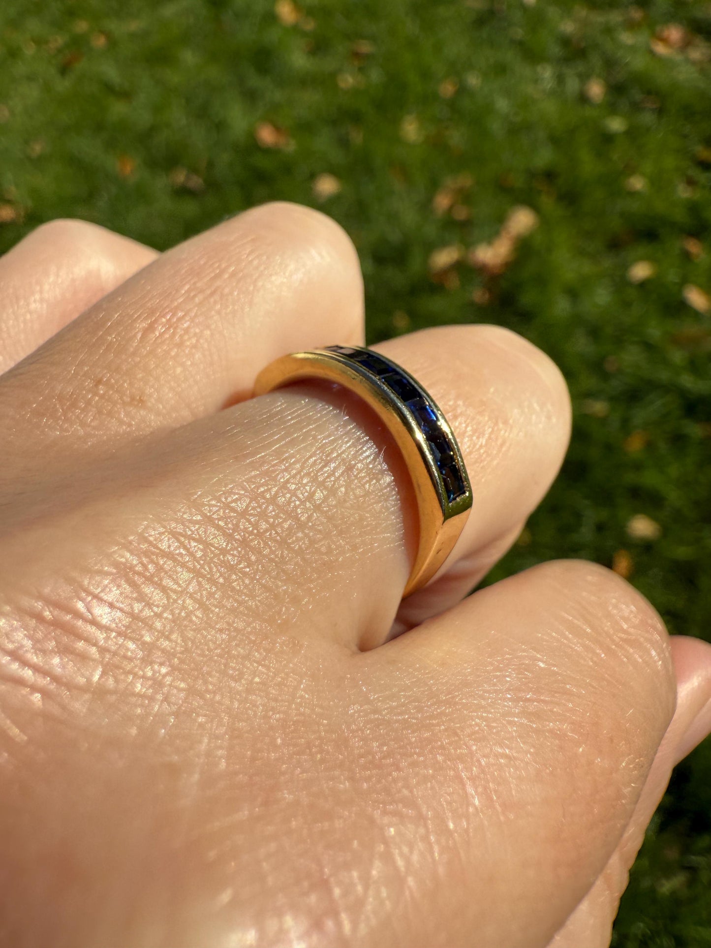 Vintage Channel Set SAPPHIRE Half Hoop Eternity Band Ring 18k Gold Skinny Line Stacker French Romantic Gift Blue Pair Emerald Avail