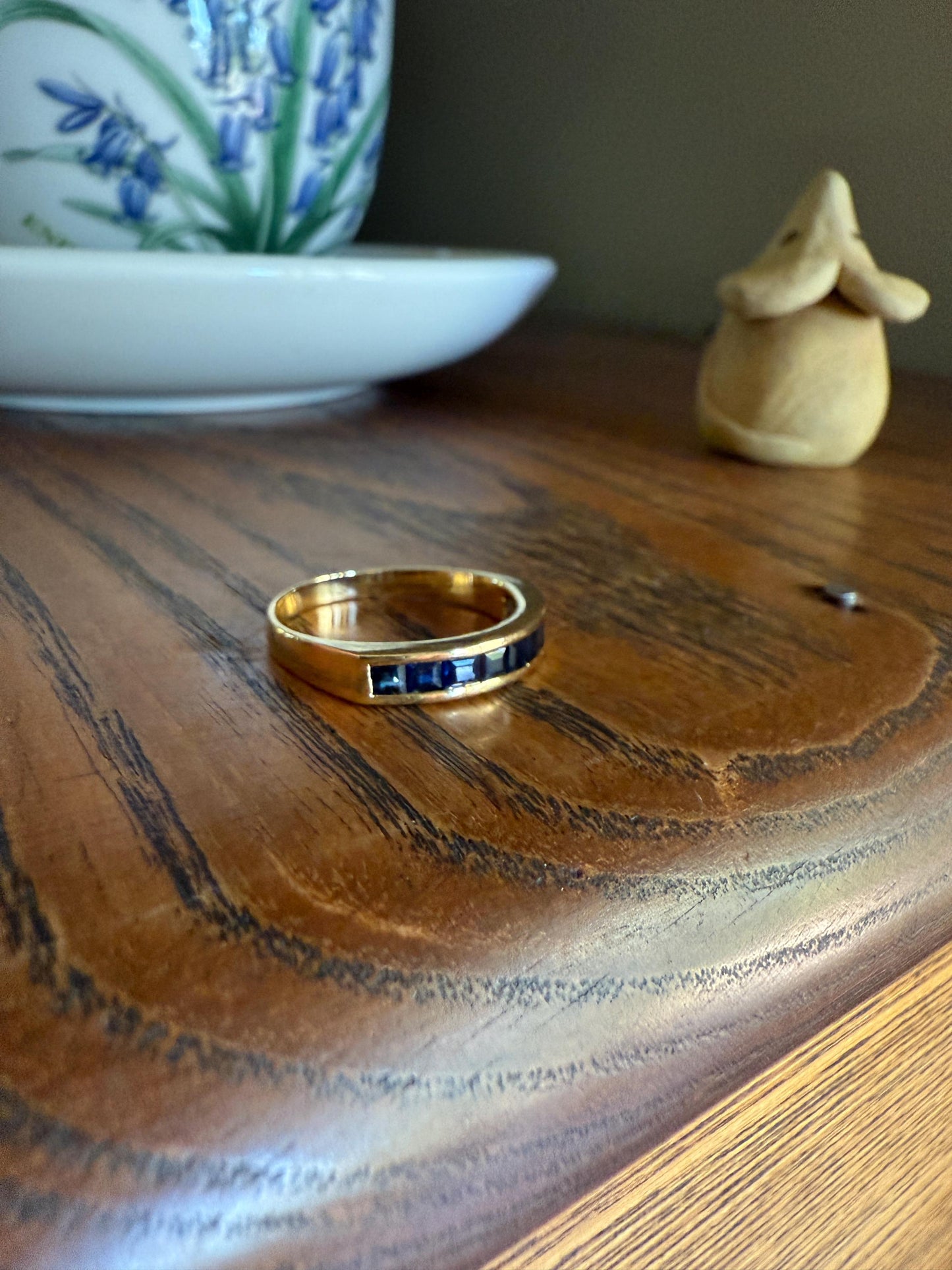 Vintage Channel Set SAPPHIRE Half Hoop Eternity Band Ring 18k Gold Skinny Line Stacker French Romantic Gift Blue Pair Emerald Avail