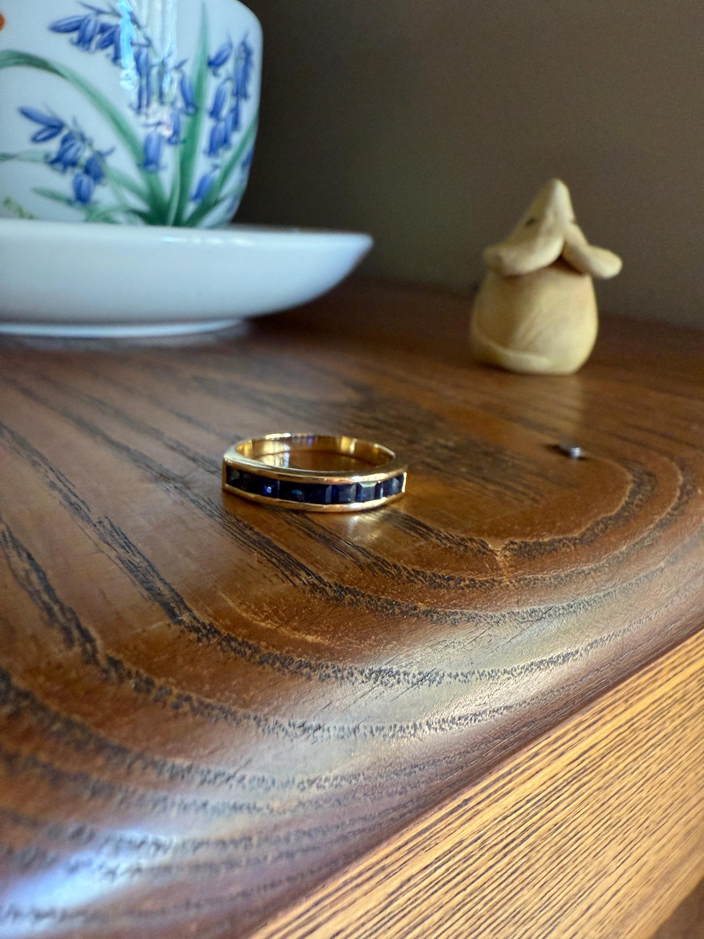 Vintage Channel Set SAPPHIRE Half Hoop Eternity Band Ring 18k Gold Skinny Line Stacker French Romantic Gift Blue Pair Emerald Avail