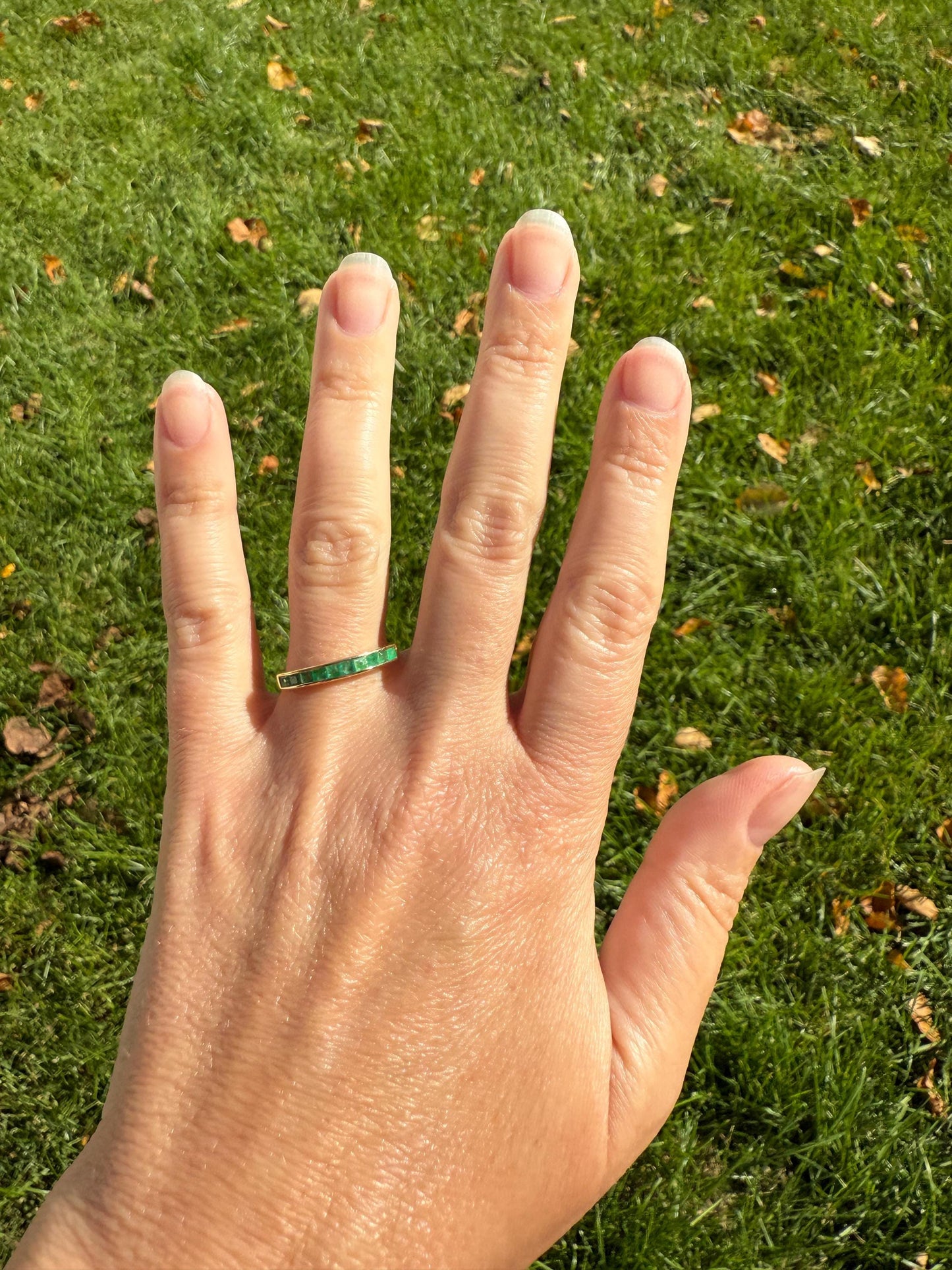 Vintage Channel Set Emerald Half Hoop Eternity Band Ring 18k Gold Skinny Line Stacker Romantic Gift Green Pair Sapphire Avail