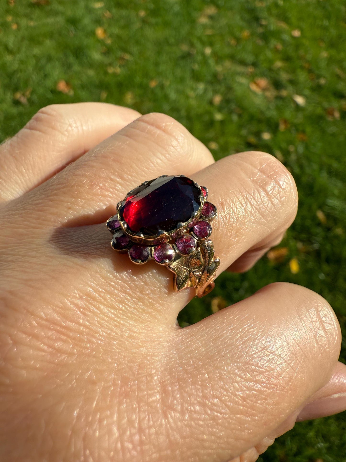 Perpignan GARNET Oval Almandine Cluster Ring French VICTORIAN Era Hallmark 18k Gold Floral Leaf Glowing Berry Pink Purple Red Romantic Gift