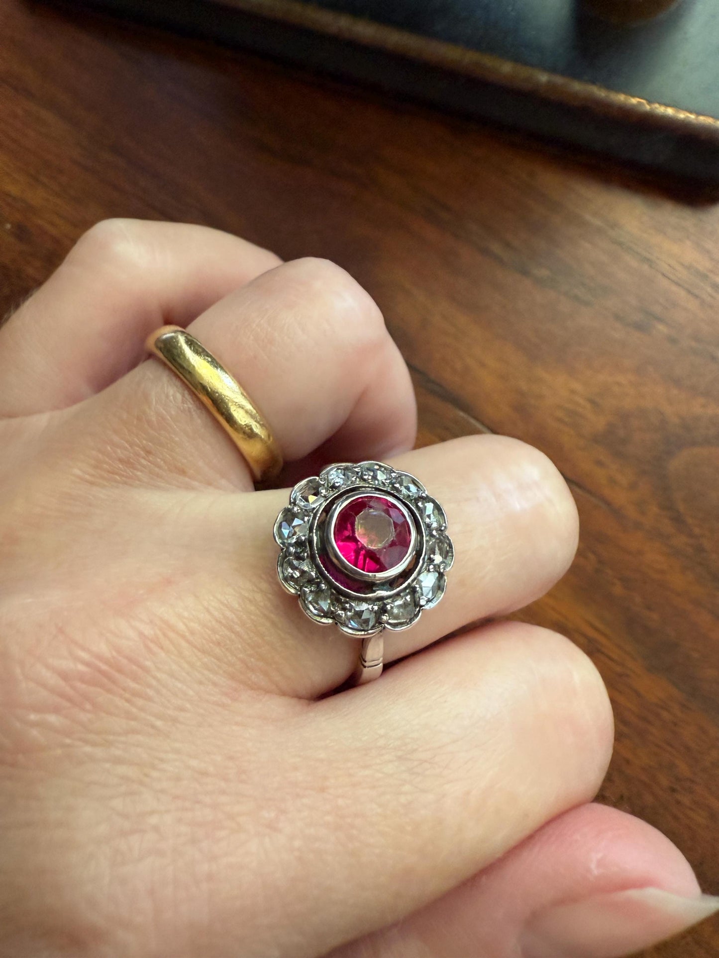 Antique Ruby & Rose Cut Diamond Halo Cluster Ring Pink Red Solid Silver French Edwardian Stacker Cocktail Statement Romantic Gift
