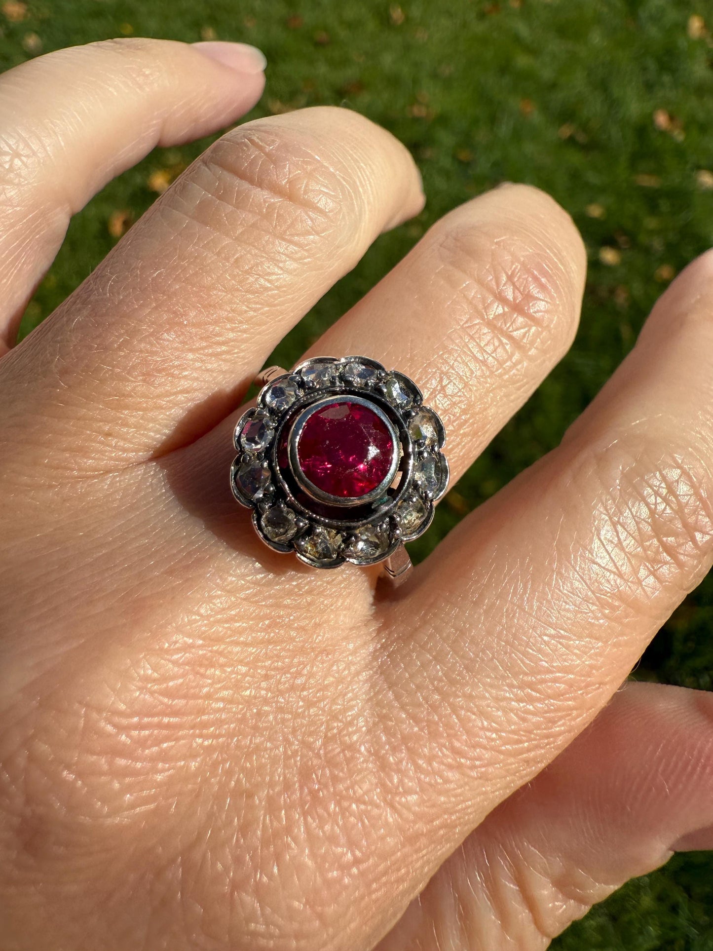 Antique Ruby & Rose Cut Diamond Halo Cluster Ring Pink Red Solid Silver French Edwardian Stacker Cocktail Statement Romantic Gift