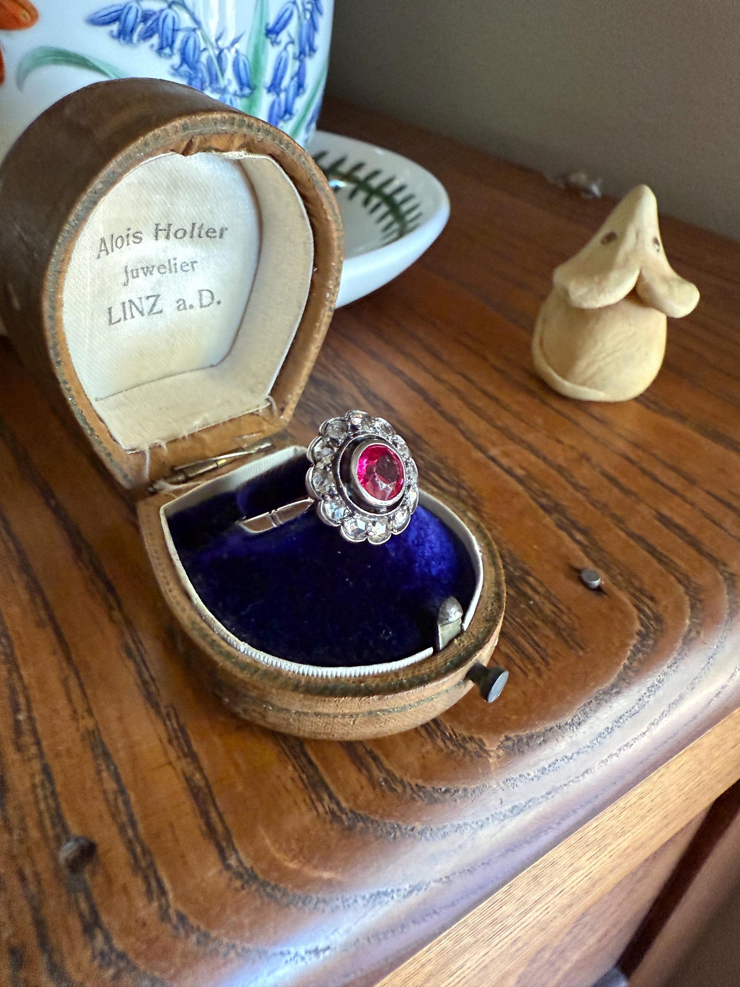 Antique Ruby & Rose Cut Diamond Halo Cluster Ring Pink Red Solid Silver French Edwardian Stacker Cocktail Statement Romantic Gift