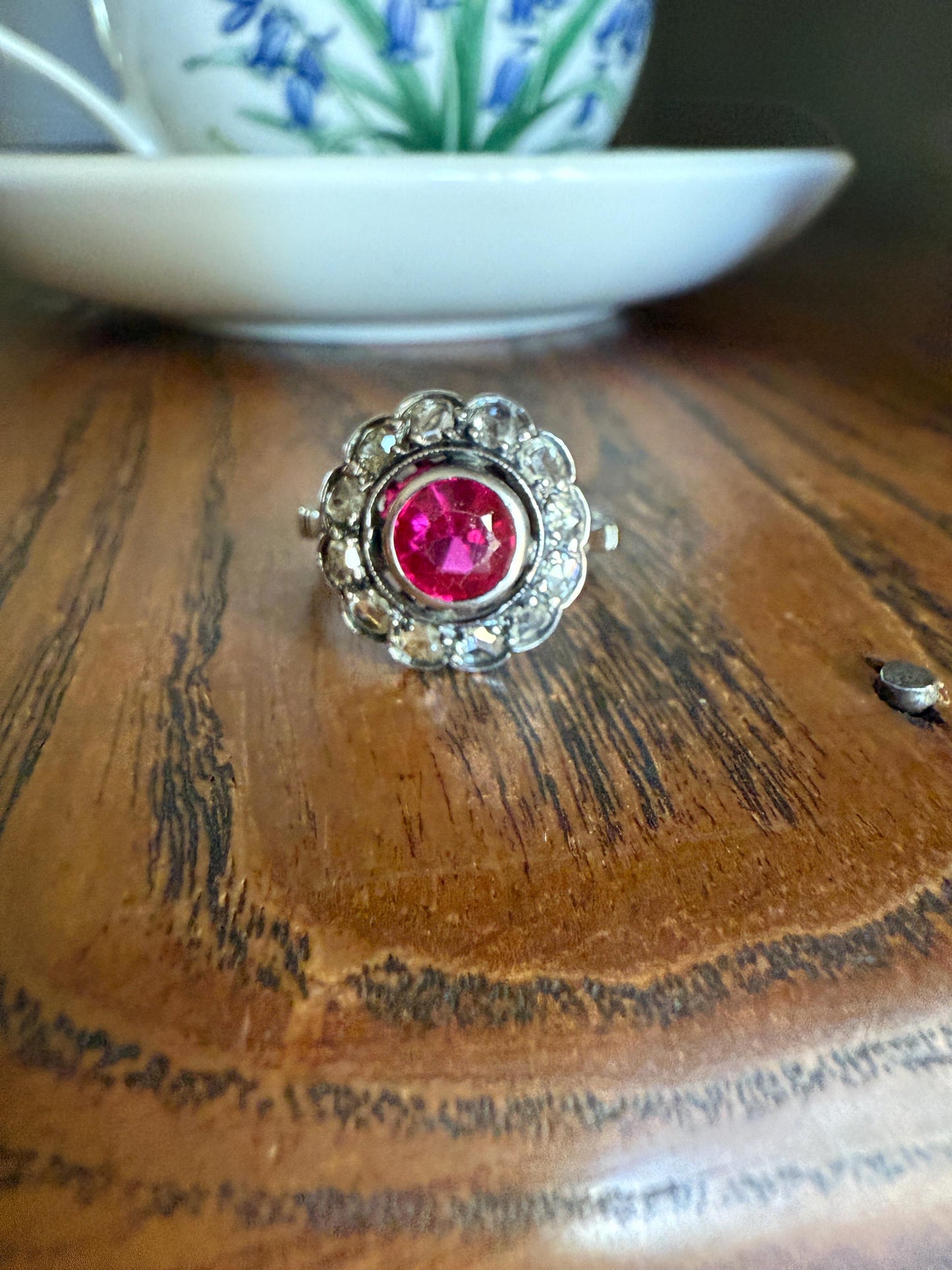 Antique Ruby & Rose Cut Diamond Halo Cluster Ring Pink Red Solid Silver French Edwardian Stacker Cocktail Statement Romantic Gift