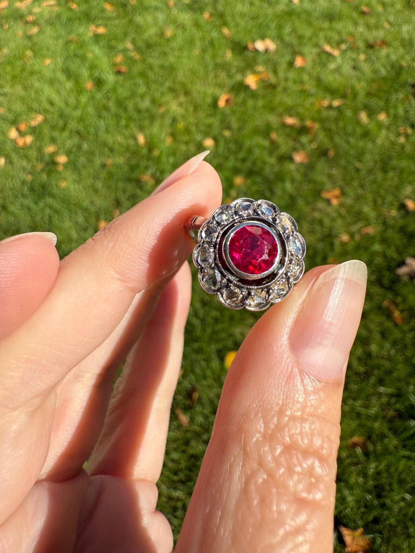 Antique Ruby & Rose Cut Diamond Halo Cluster Ring Pink Red Solid Silver French Edwardian Stacker Cocktail Statement Romantic Gift