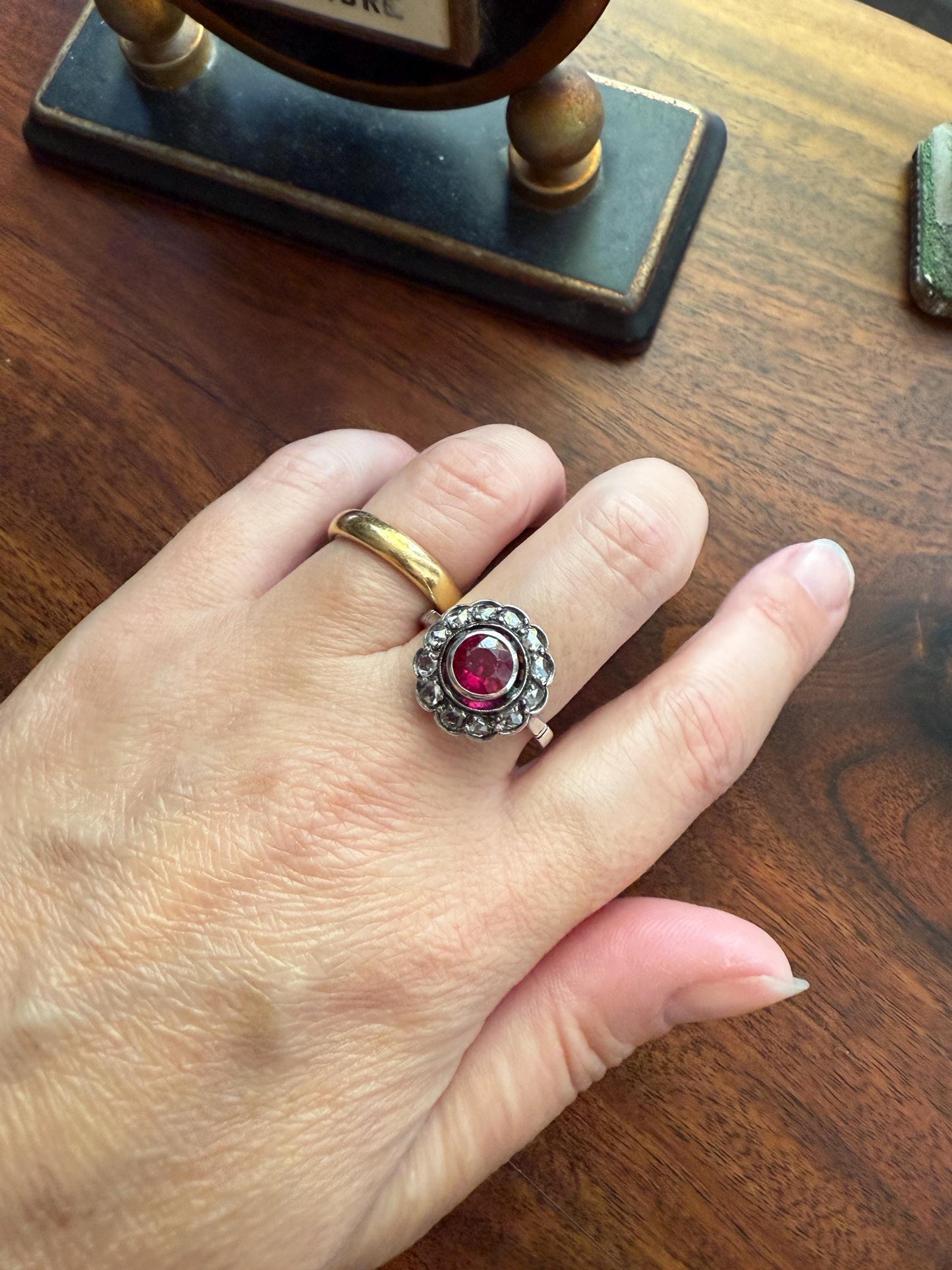 Antique Ruby & Rose Cut Diamond Halo Cluster Ring Pink Red Solid Silver French Edwardian Stacker Cocktail Statement Romantic Gift