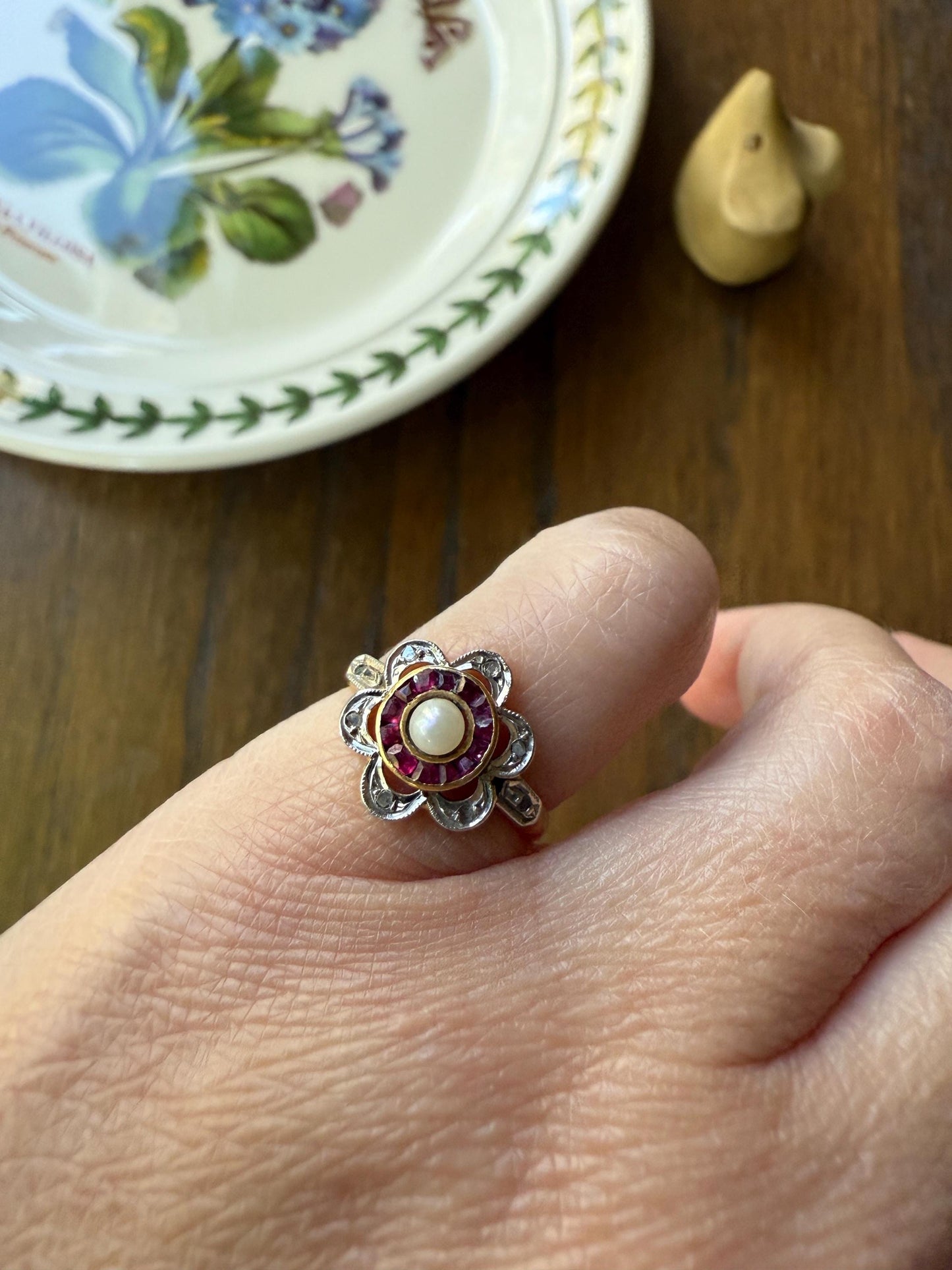 Ruby HALO Ring Scalloped 18k Gold Antique Pearl Rose Cut Diamond Pink Red Dainty Ring French Belle Epoque Stacker Pinky Midi